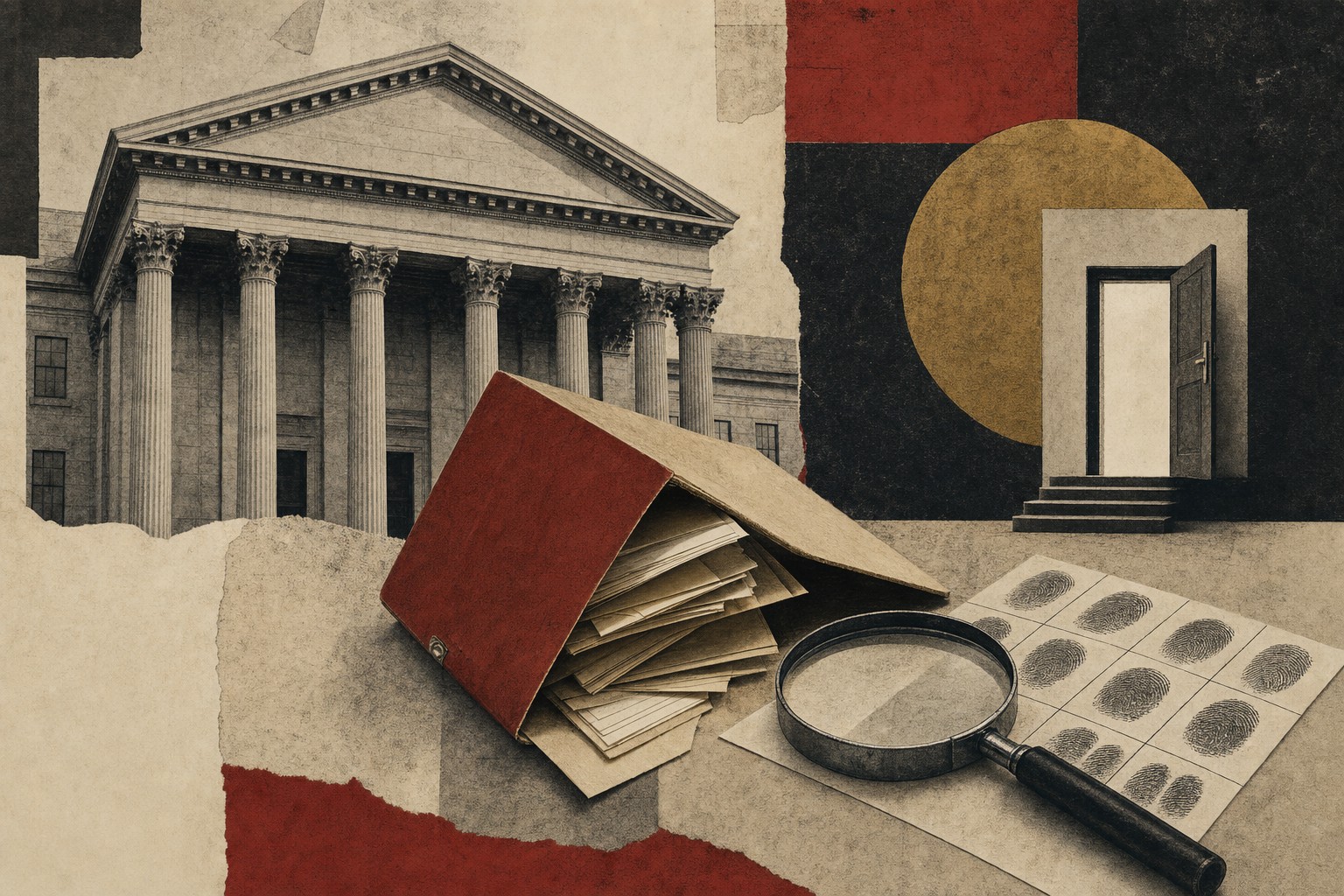 Paper collage of a courthouse, legal case file, fingerprint card, and open doorway