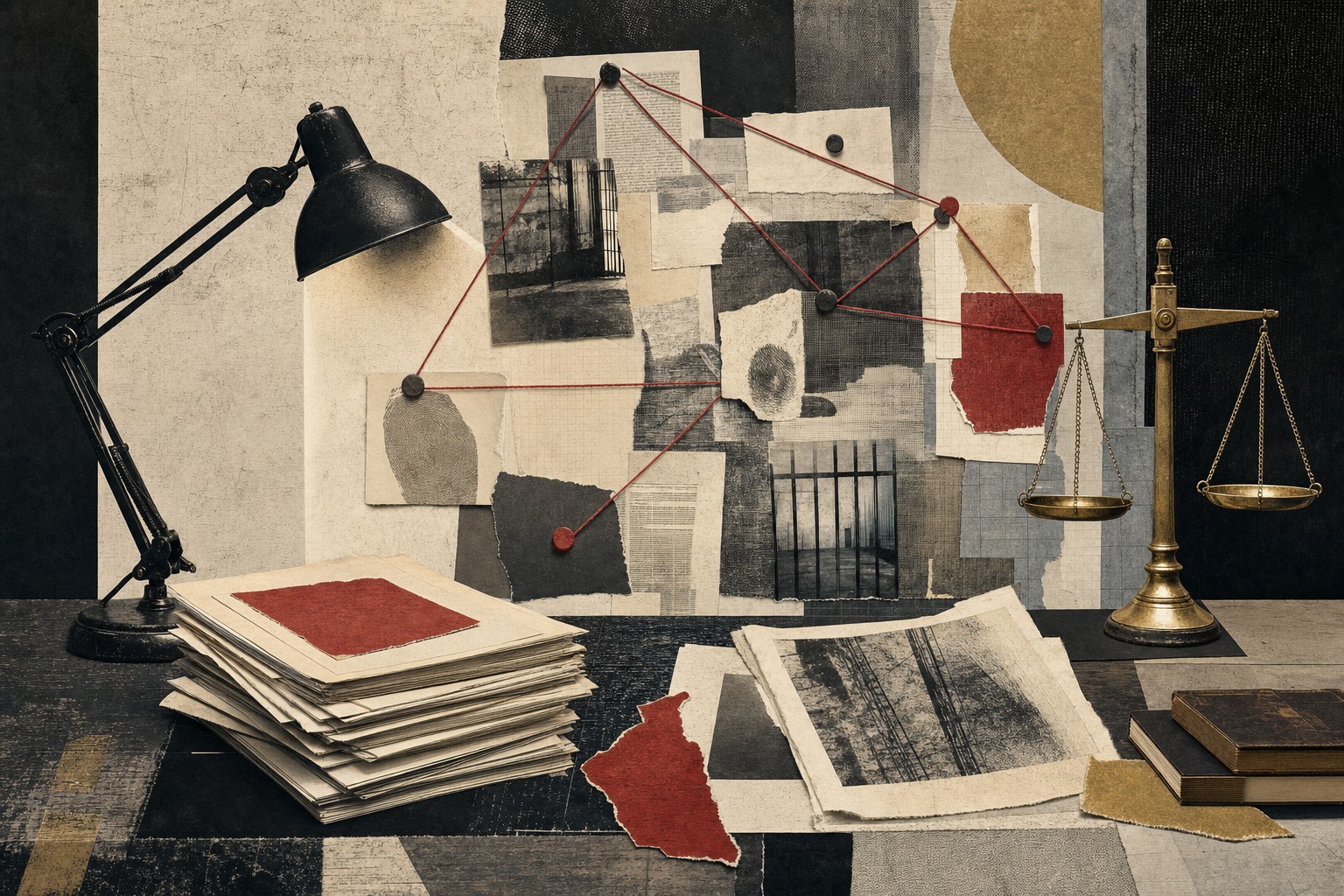Paper collage of case files, a review board, desk lamp, and justice scales