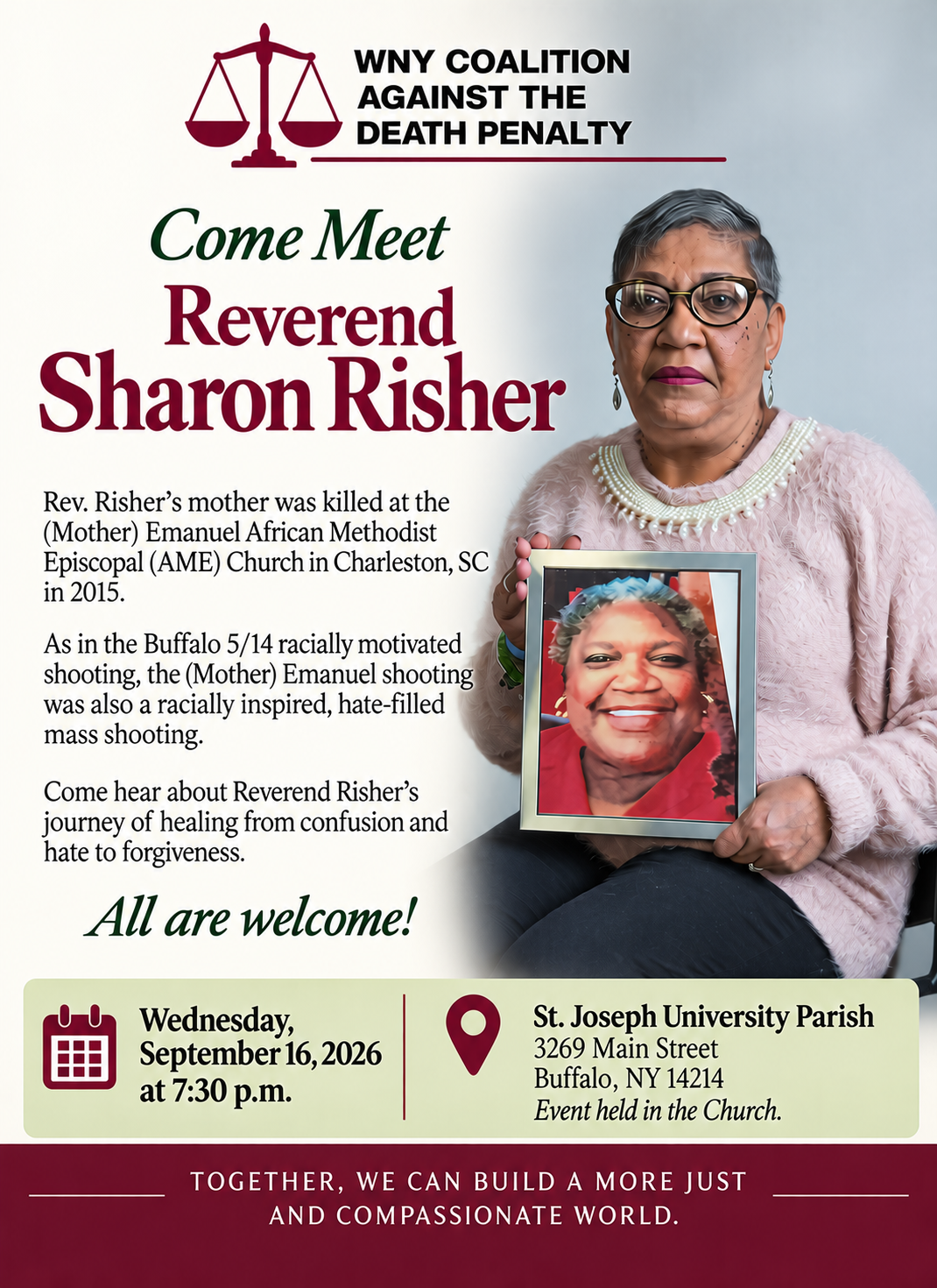 Flyer for Reverend Sharon Risher's Buffalo event on September 16, 2026