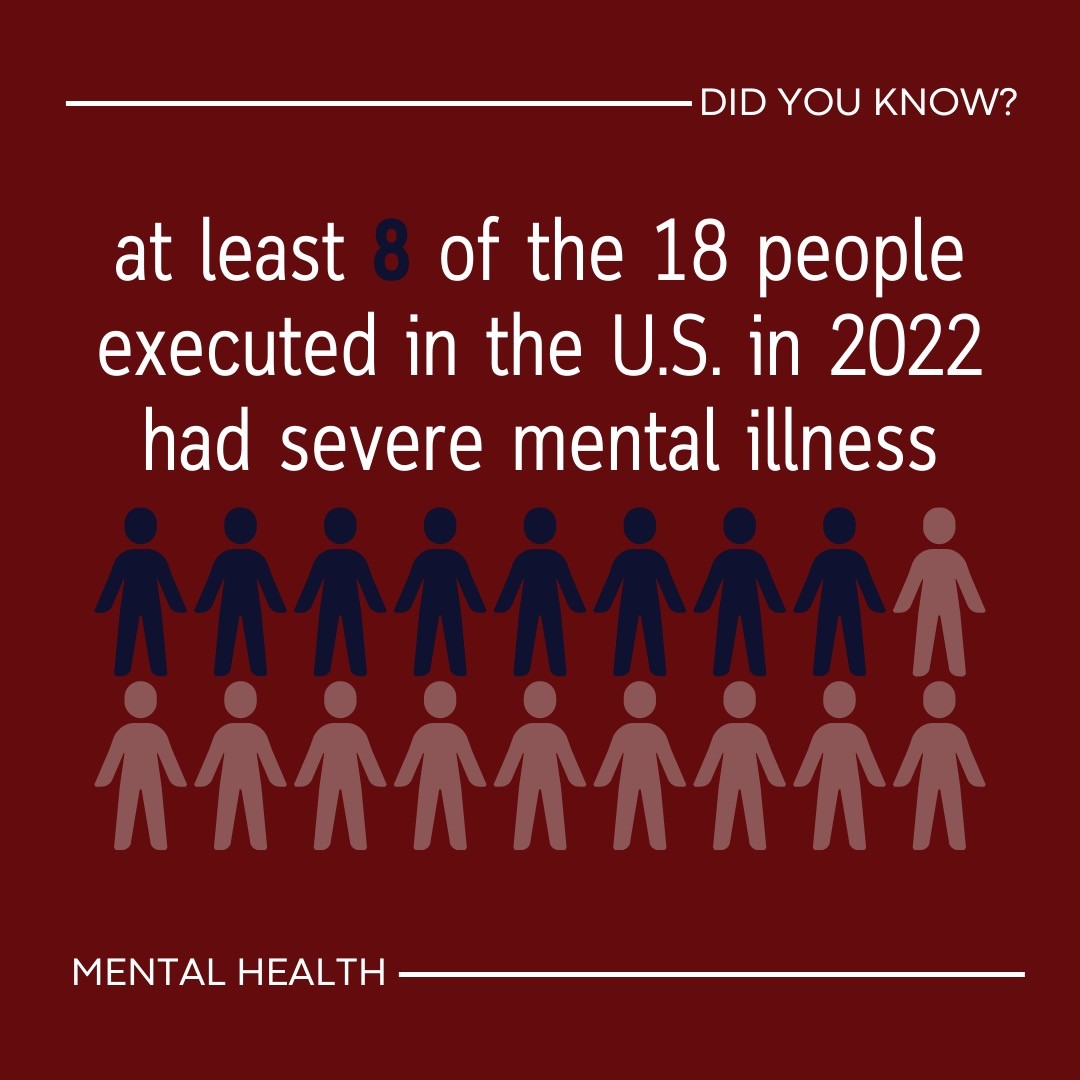 Graphic stating that at least 8 of the 18 people executed in the United States in 2022 had severe mental illness