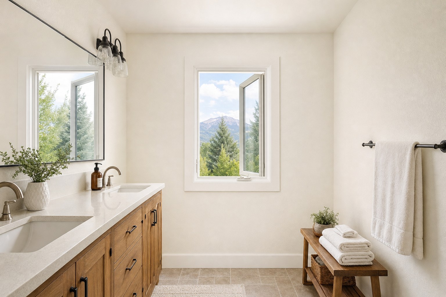 Freshly painted residential bathroom airing out in daylight