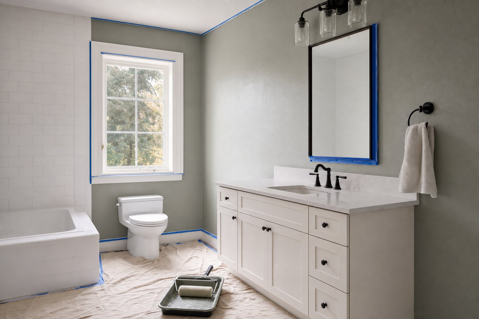 Bathroom carefully protected and prepared for a wall-painting project