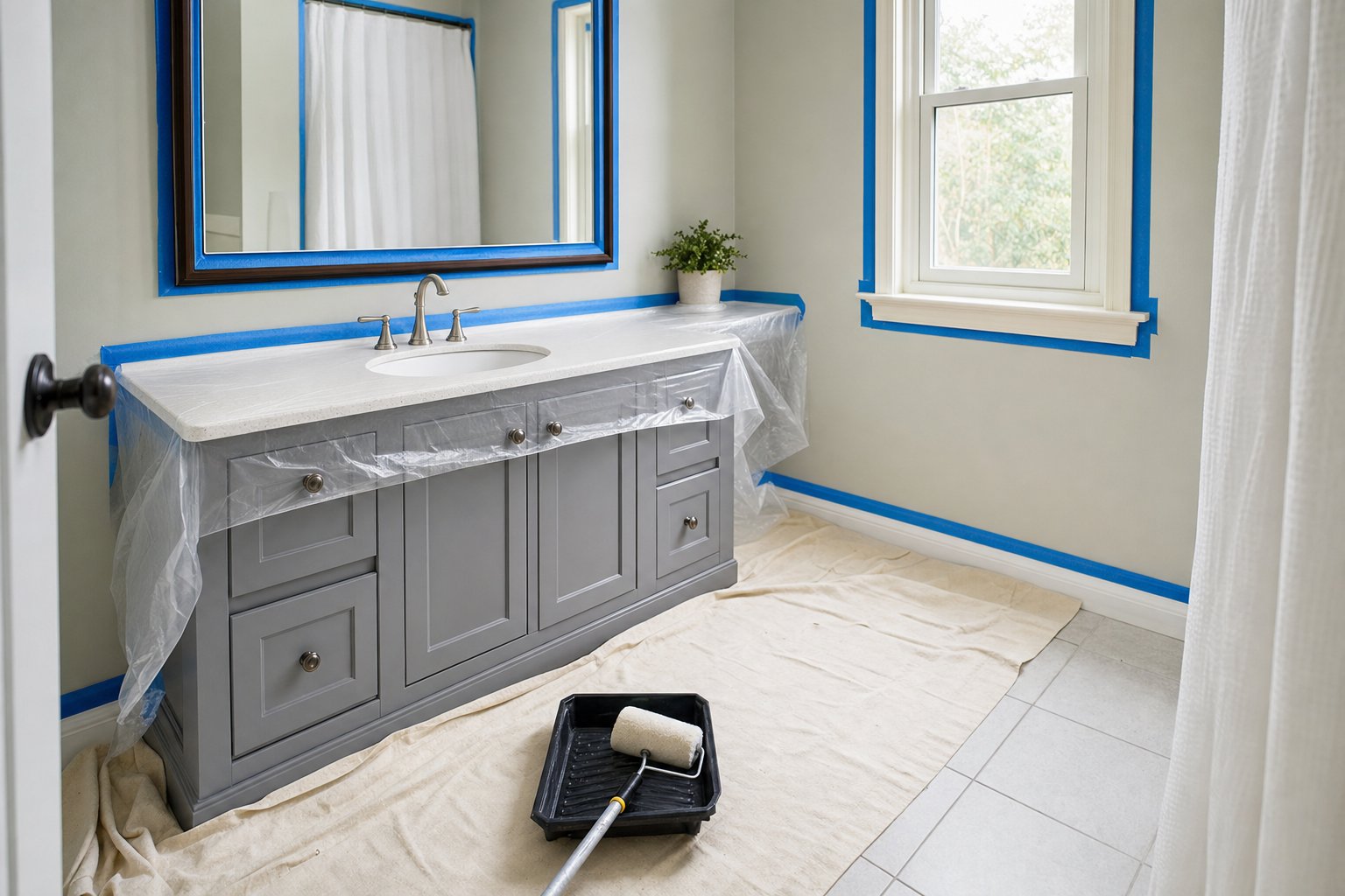 Bathroom vanity and floor protected before the walls are painted