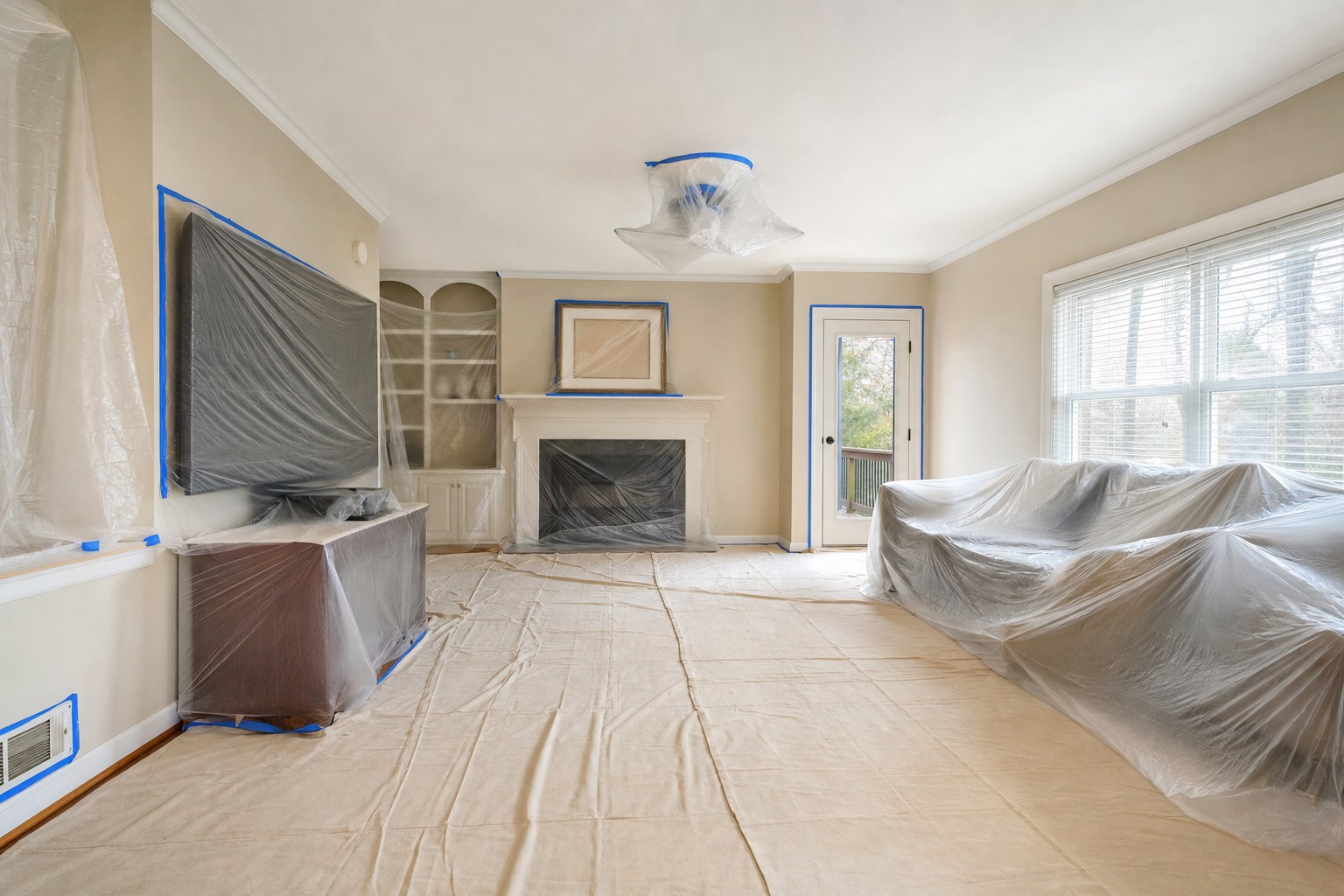 Living room carefully protected before an interior painting project