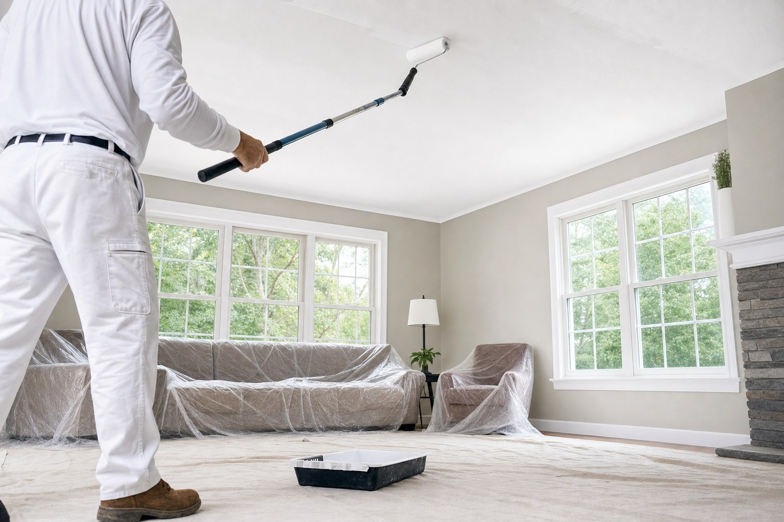 Painter applying ceiling paint with a roller on an extension pole