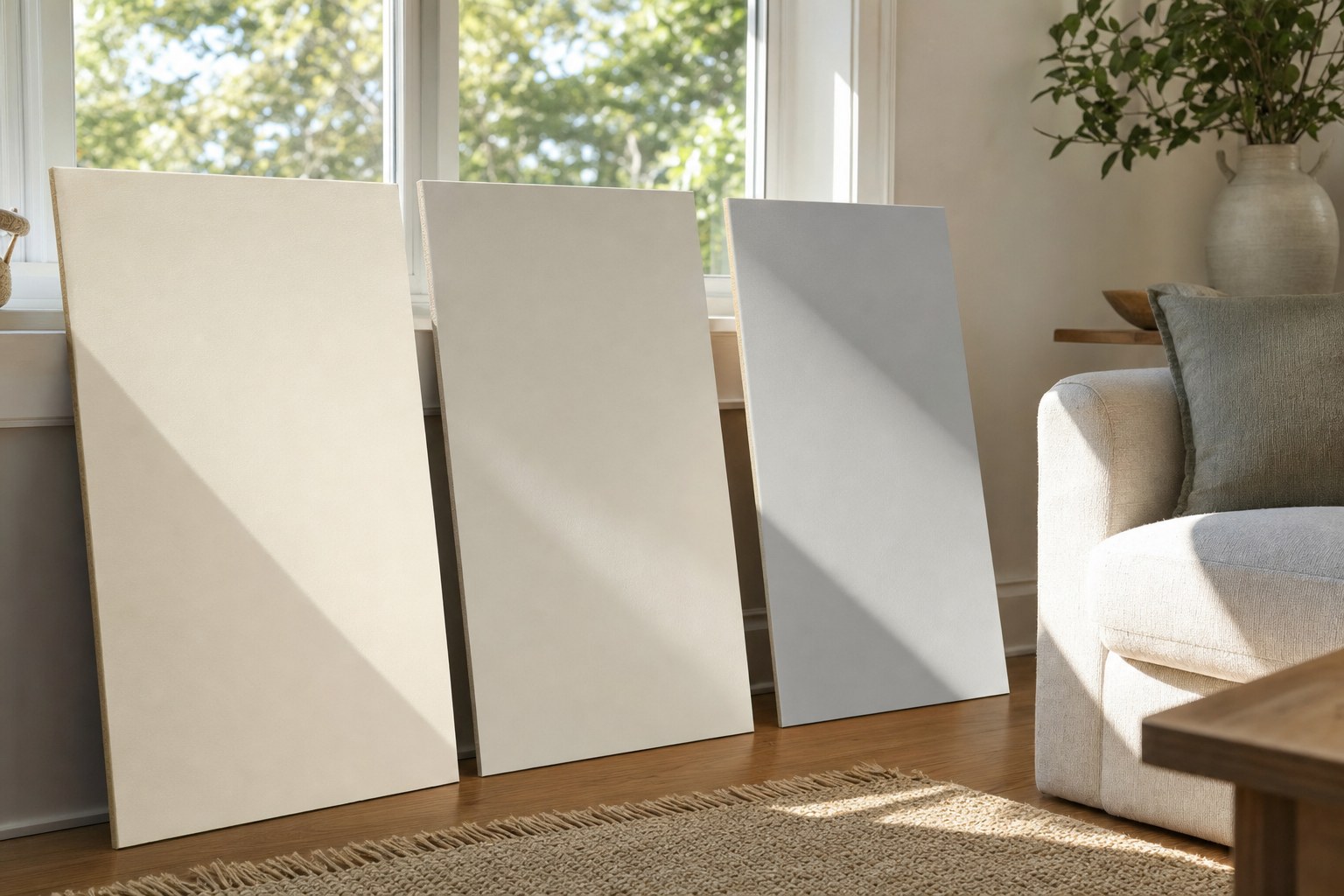 Large neutral paint samples viewed in daylight beside a living room window