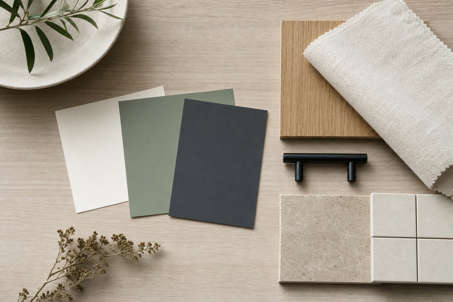 Paint color samples arranged with wood, fabric, hardware, and tile finishes