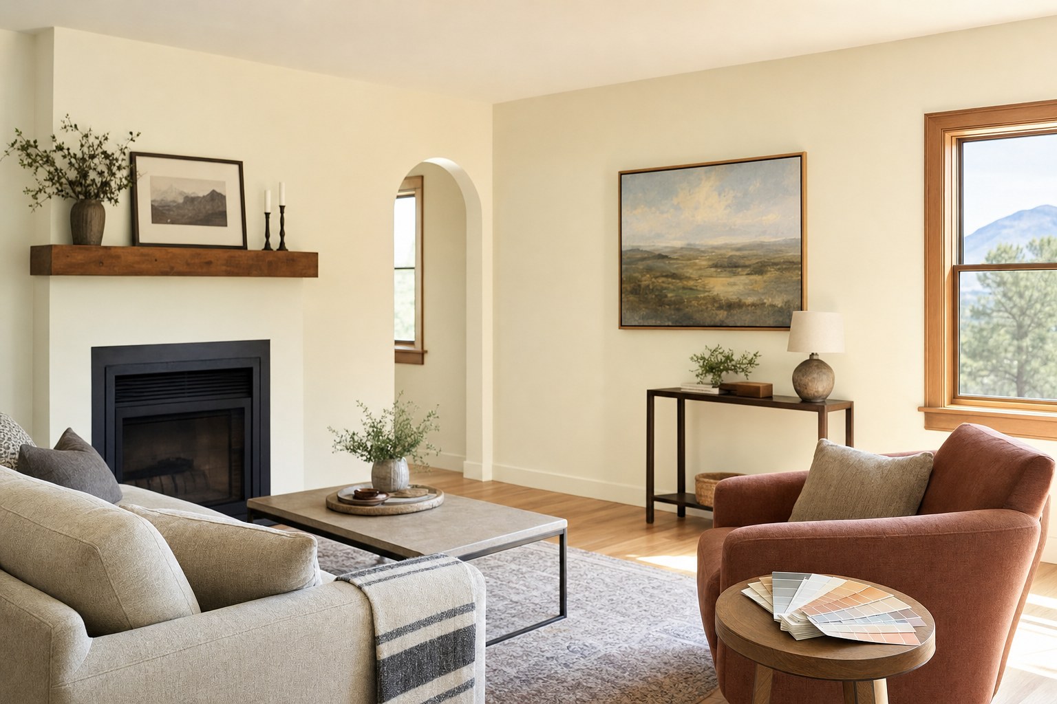 Warm, softly painted living room with paint color samples on a side table