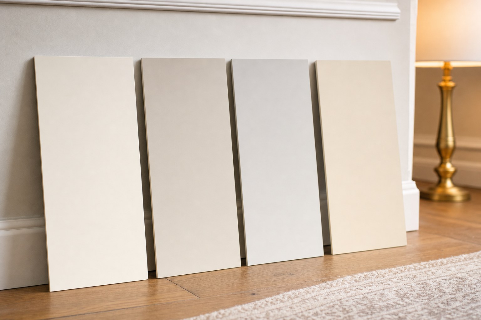 Four neutral paint sample boards compared under warm interior light