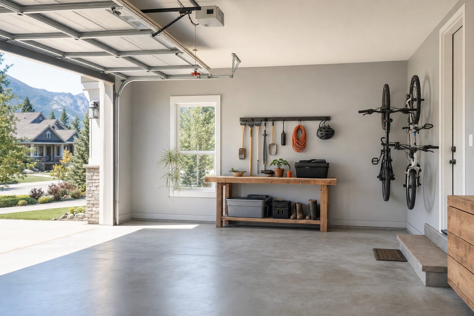 Bright, organized home garage with freshly painted light-gray walls