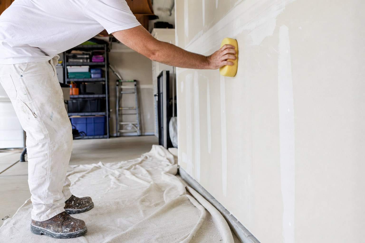 Garage wall being cleaned before painting
