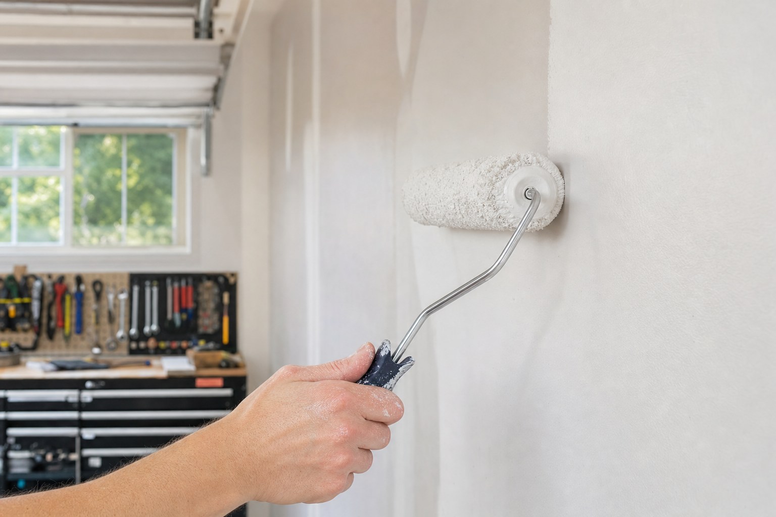 Even paint being rolled onto a prepared garage wall