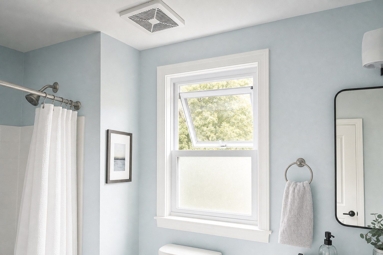 Residential bathroom set up for steady ventilation after painting