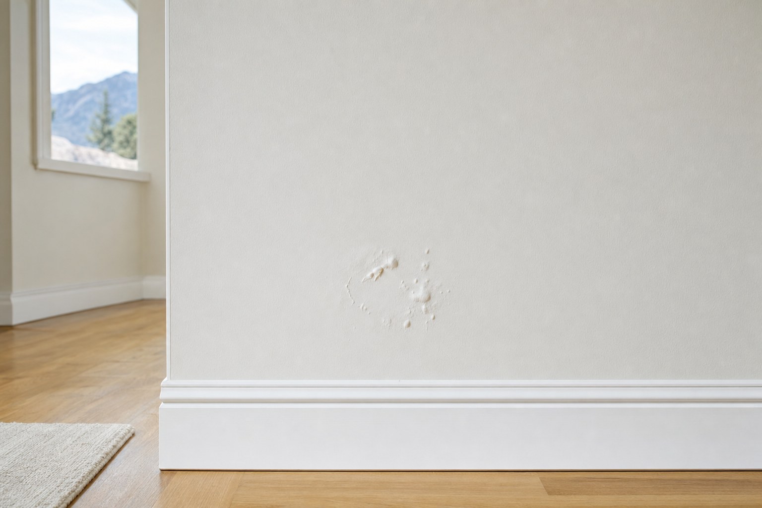Small paint blisters visible on a clean residential interior wall