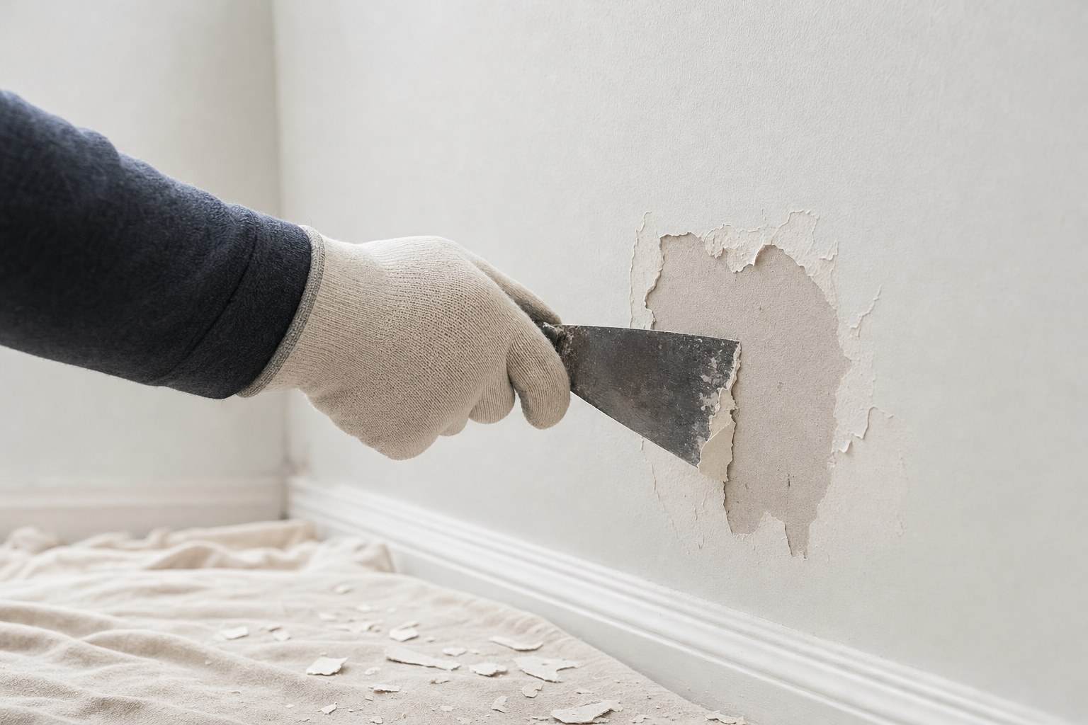 Loose bubbled paint being carefully removed from an interior wall before repair