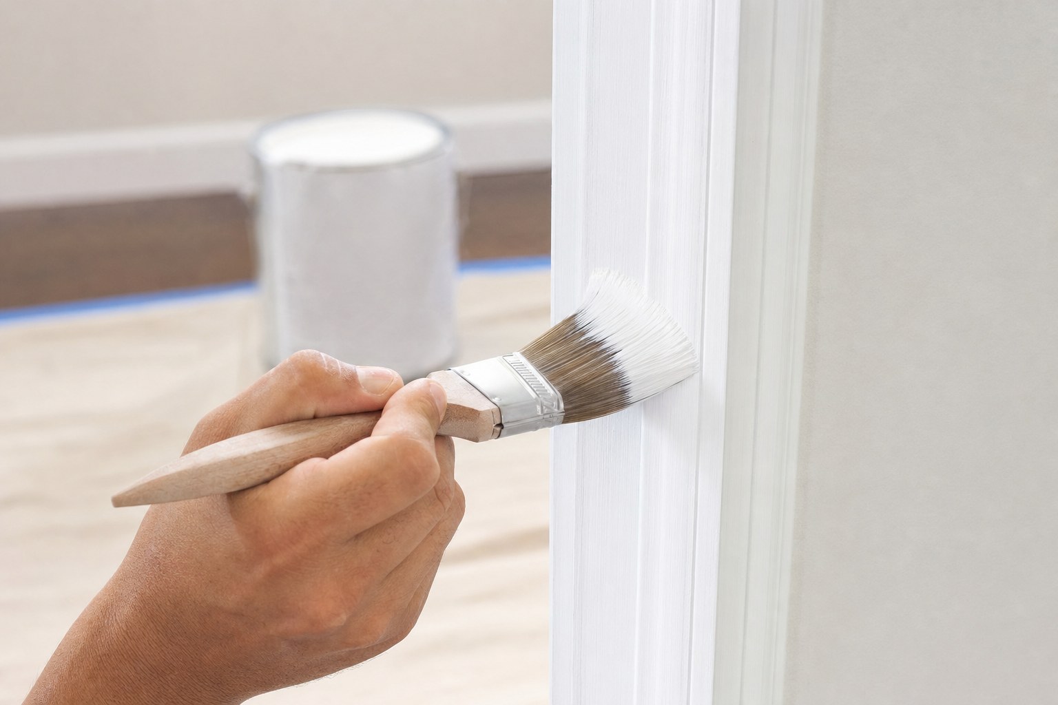 Angled paintbrush applying a smooth coat to white door trim