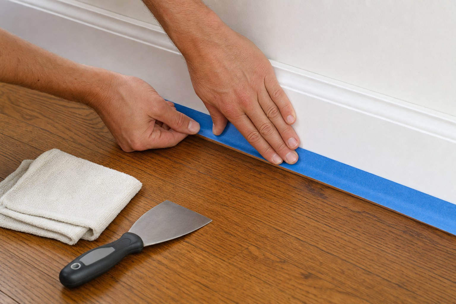 Painter’s tape pressed along a white baseboard to protect a hardwood floor