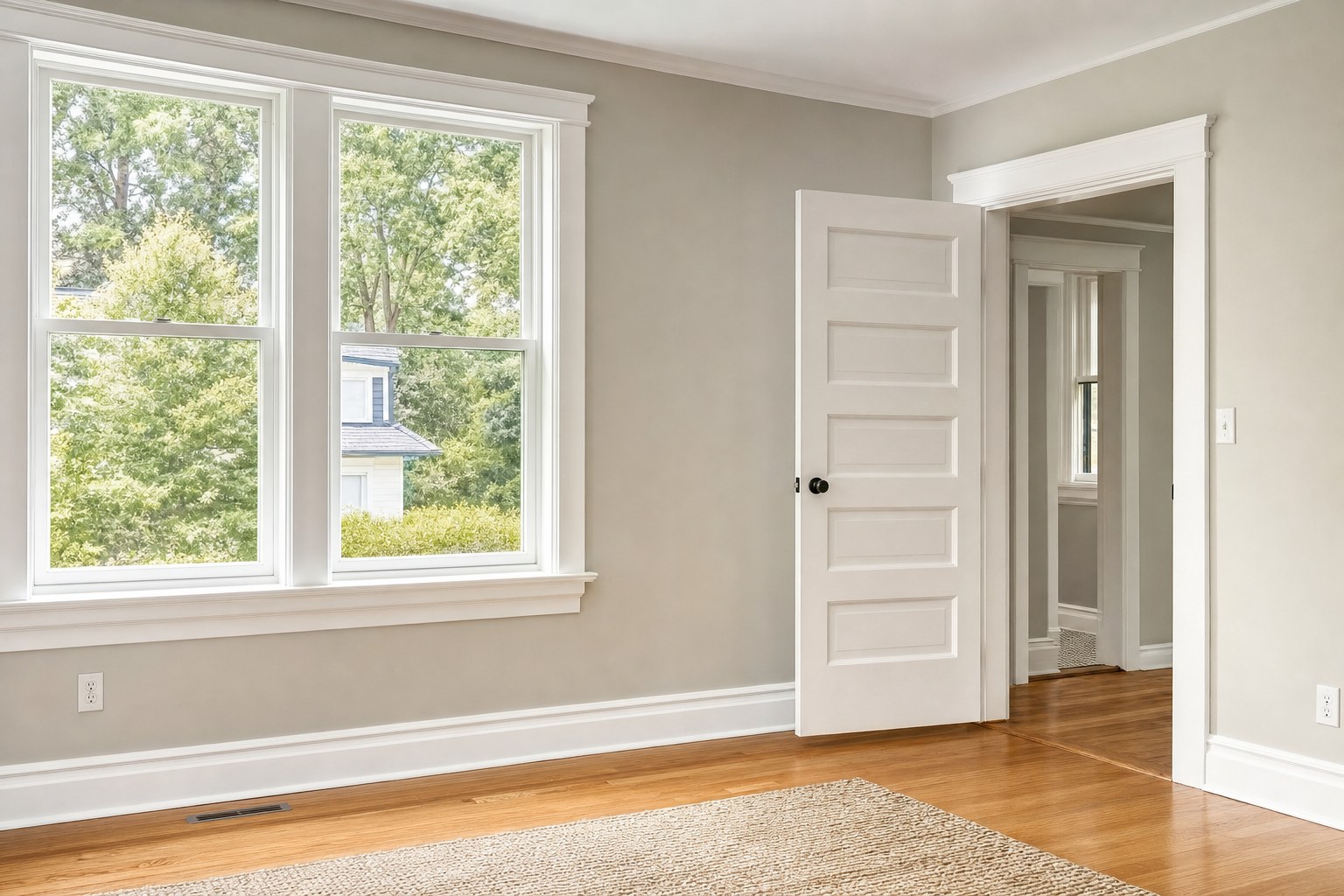 Bright room with freshly painted white window trim, door casing, and baseboards
