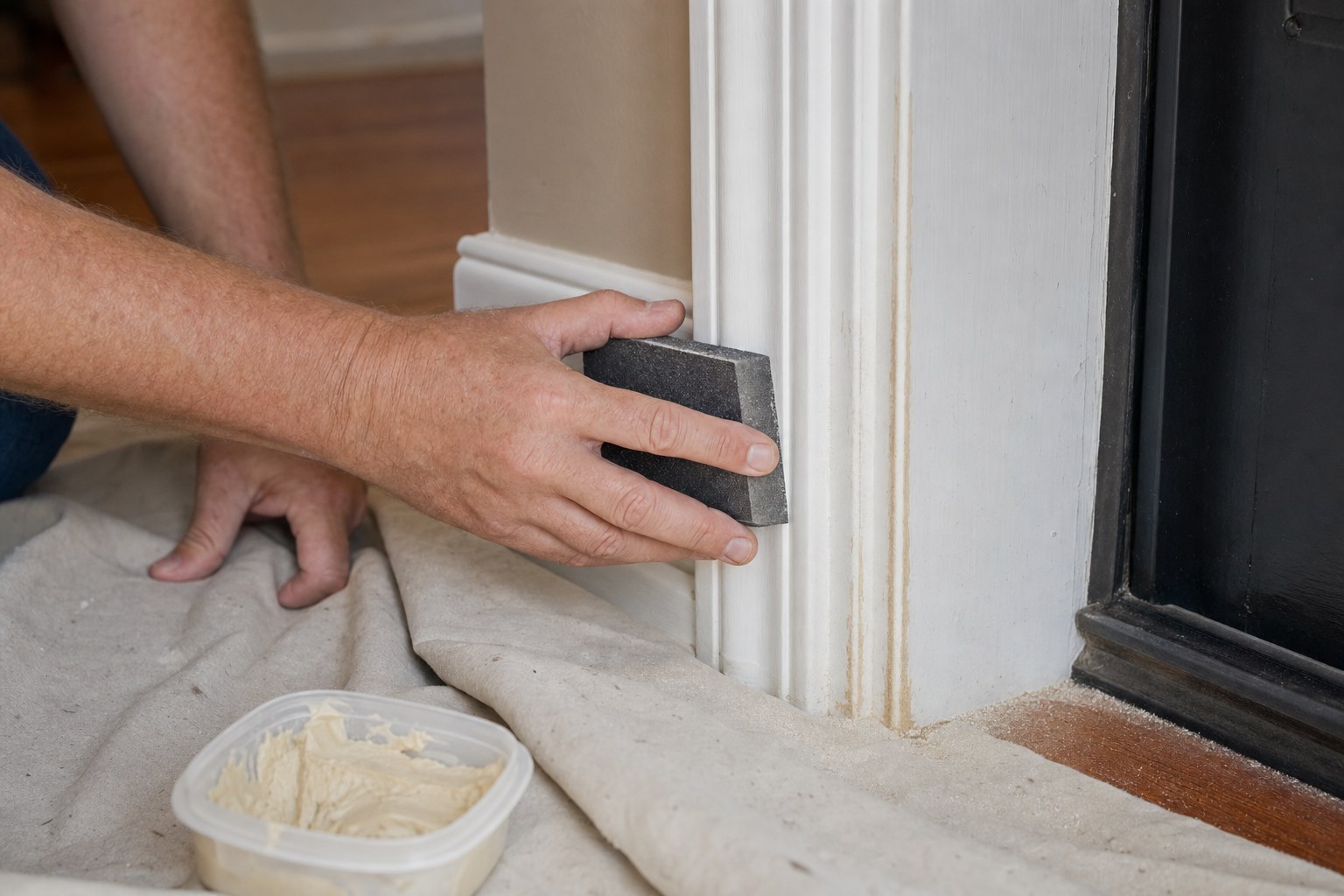 Door casing being sanded smooth before painting