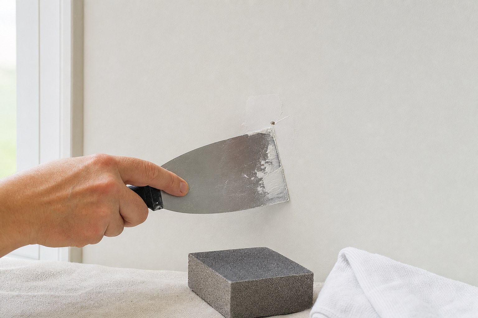 Small drywall repair being smoothed with a putty knife before painting