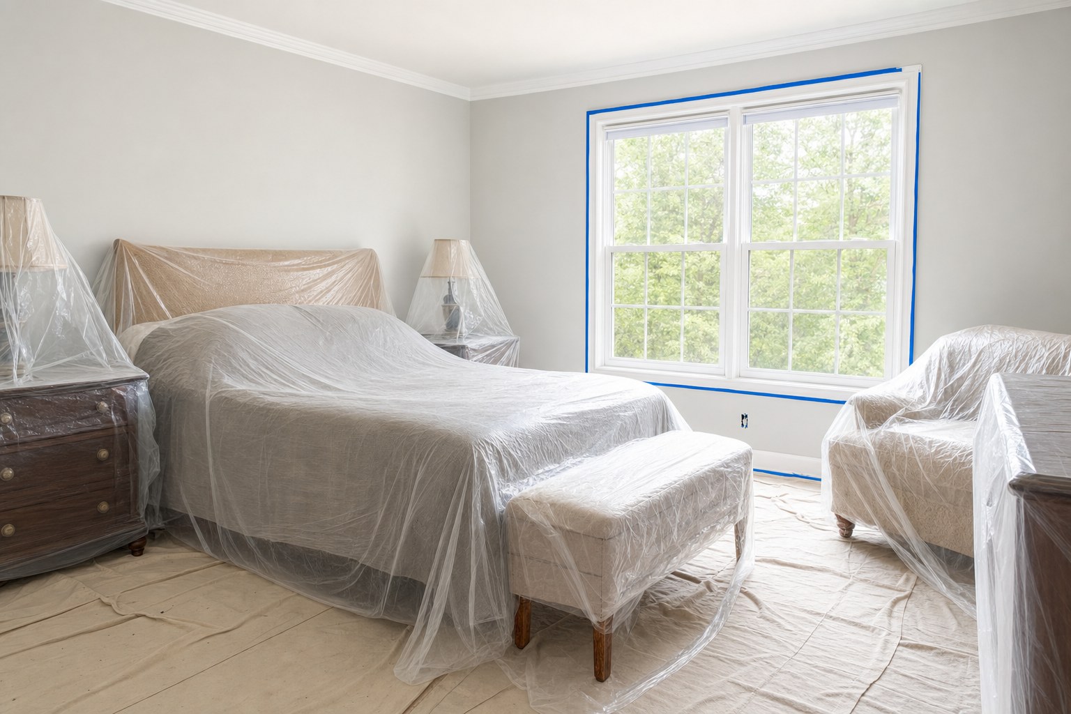 Bedroom furniture and floor carefully protected before interior painting