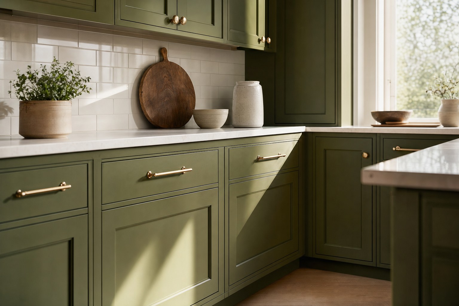 Freshly refinished olive green kitchen cabinets with brass hardware