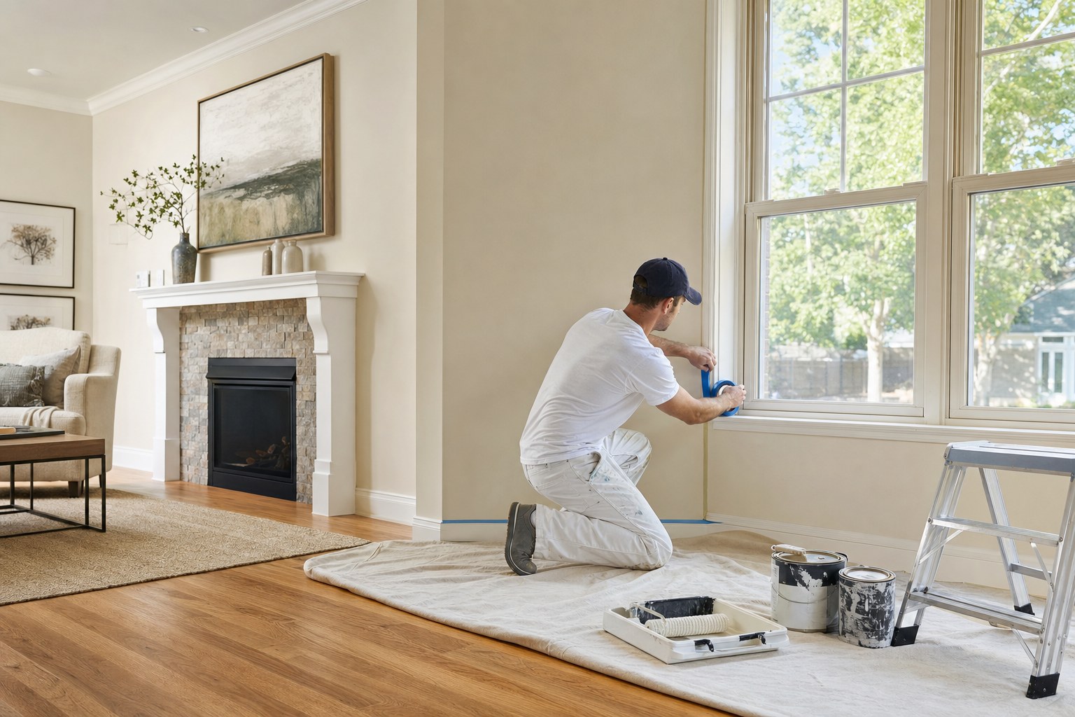 Painter carefully masking interior window trim before painting