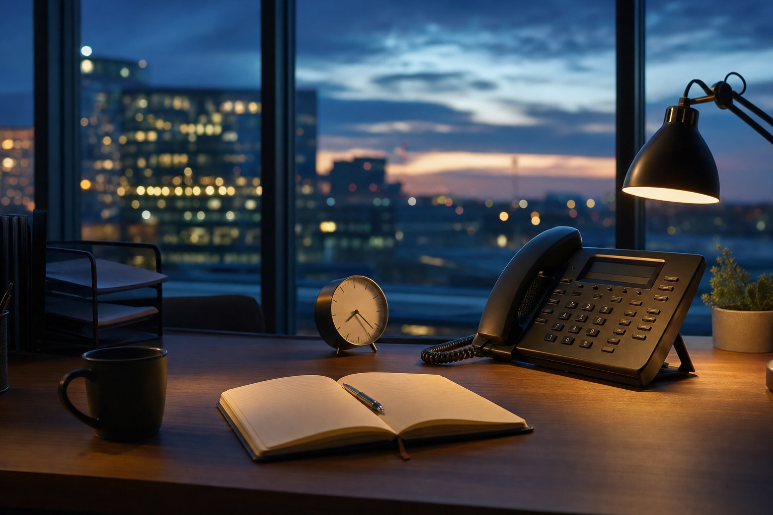 Desk phone and clock representing an after-hours call plan