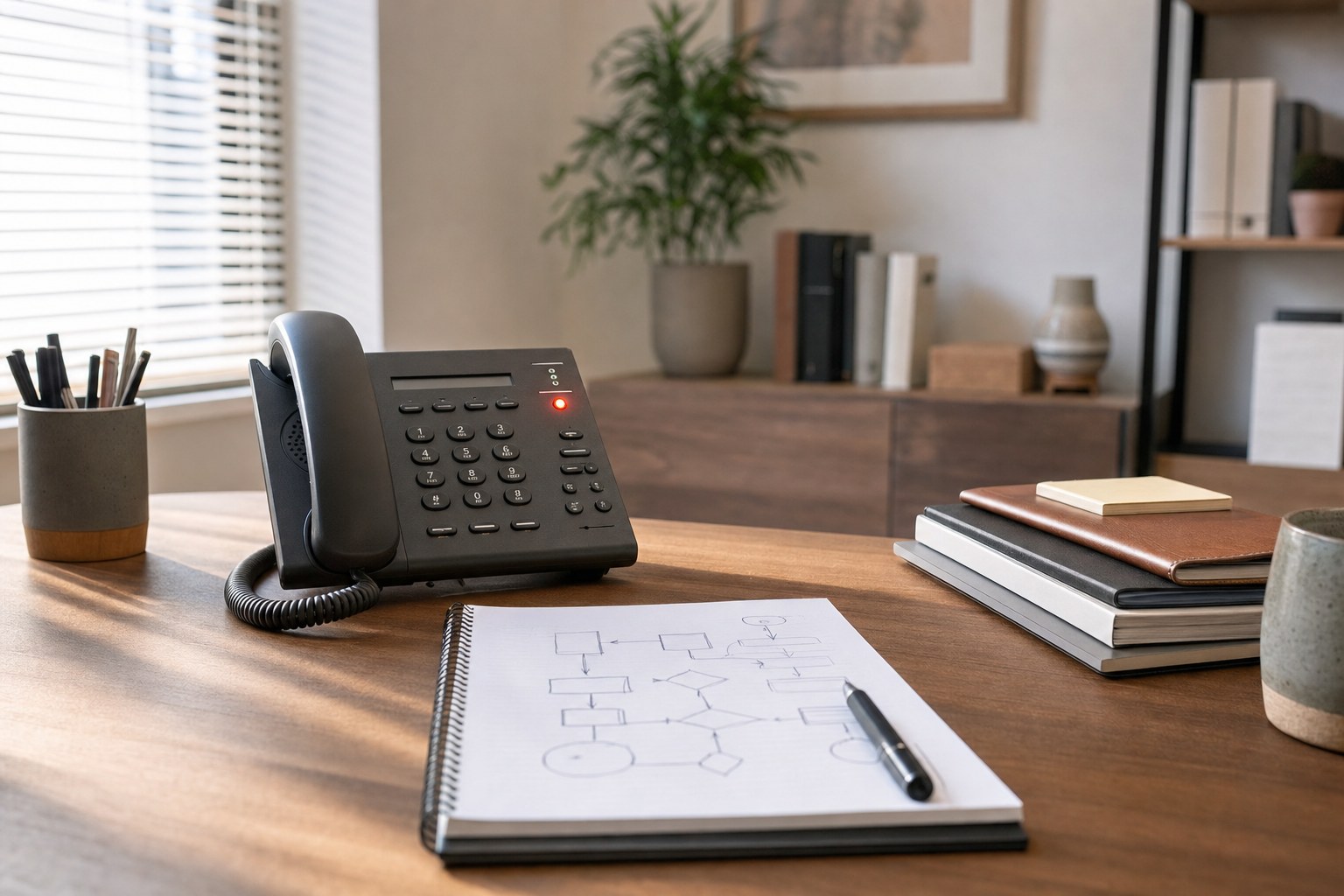 Desk phone and a hand-drawn call flow on a service business desk