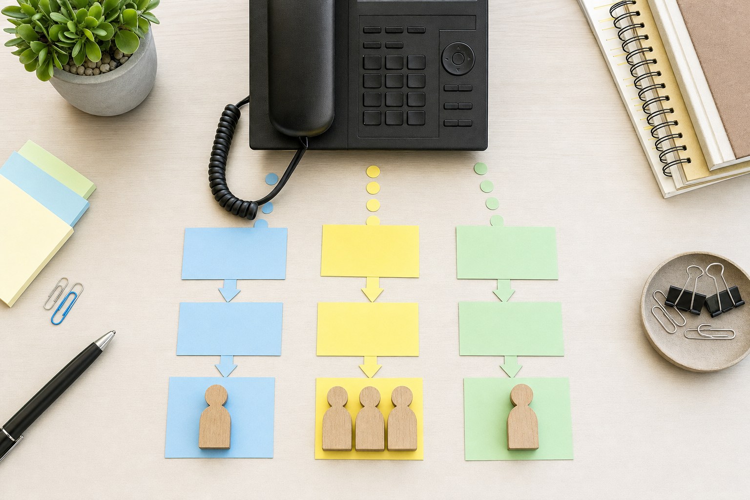 Desk phone beside simple route cards in a business call plan