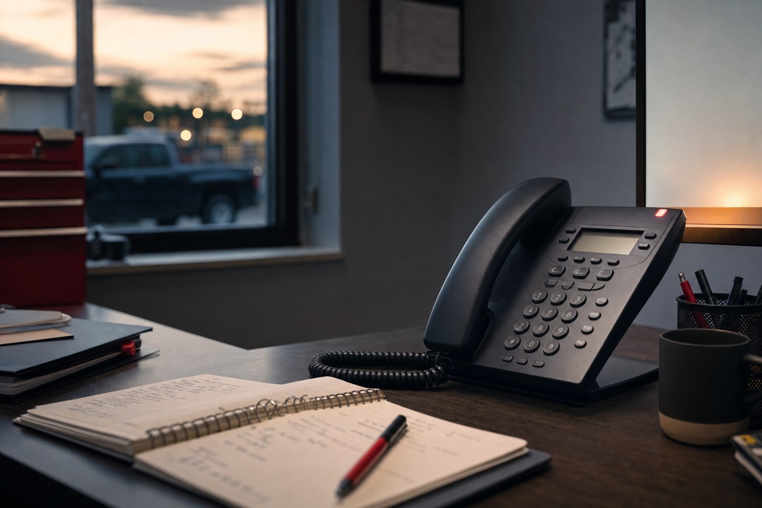 Desk phone ringing in a service business office at dusk