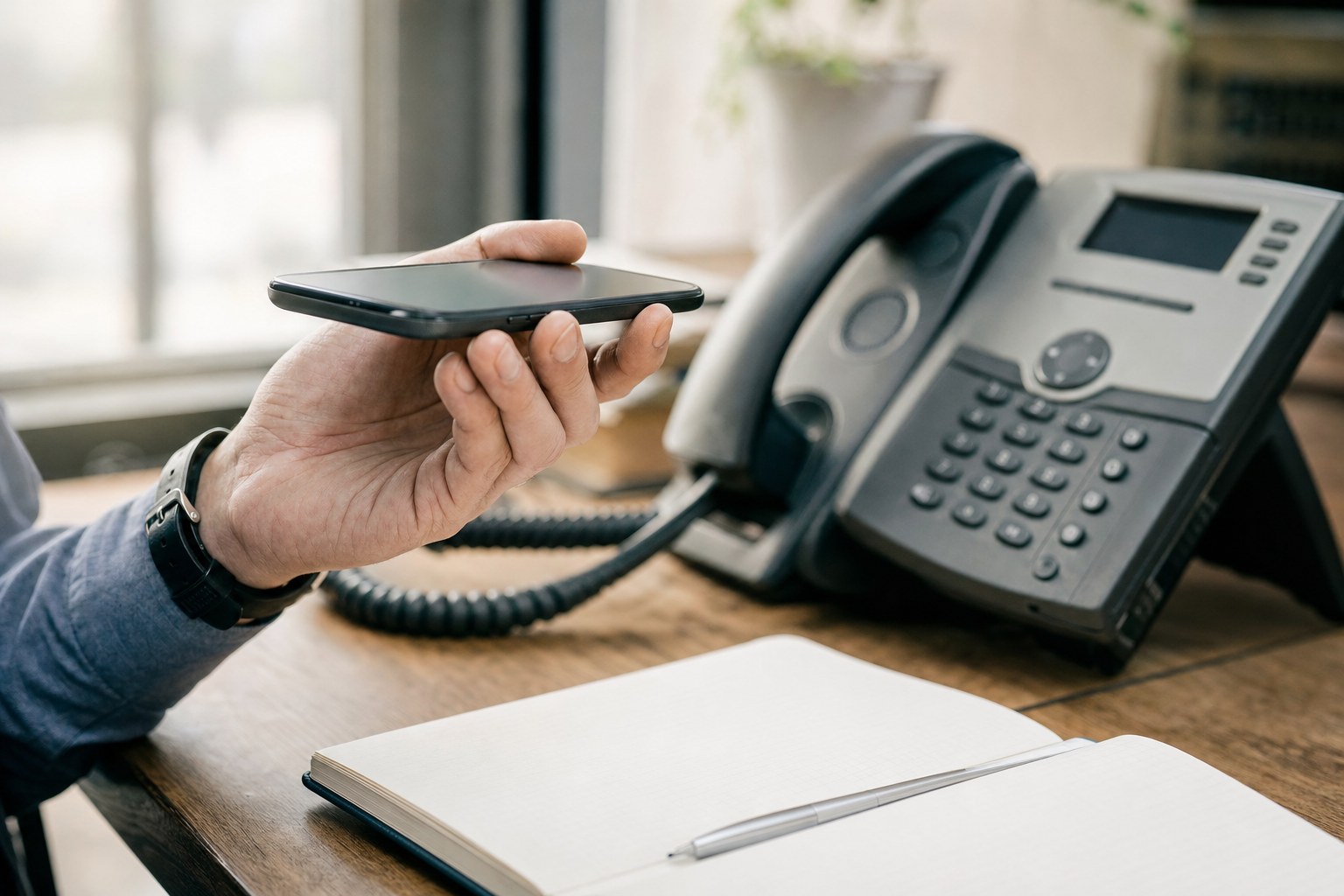 Person testing a business call flow from a smartphone at a desk