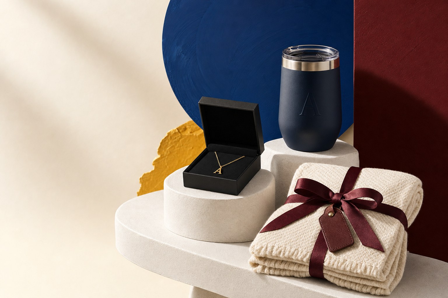 A necklace, tumbler and wrapped blanket arranged as a personal gift