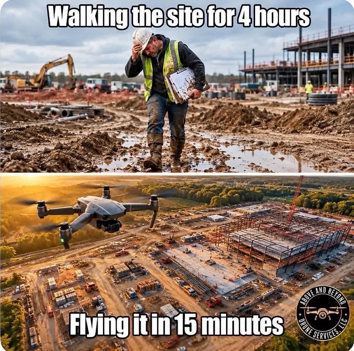 Aerial construction documentation showing a graded site, equipment, and active work areas