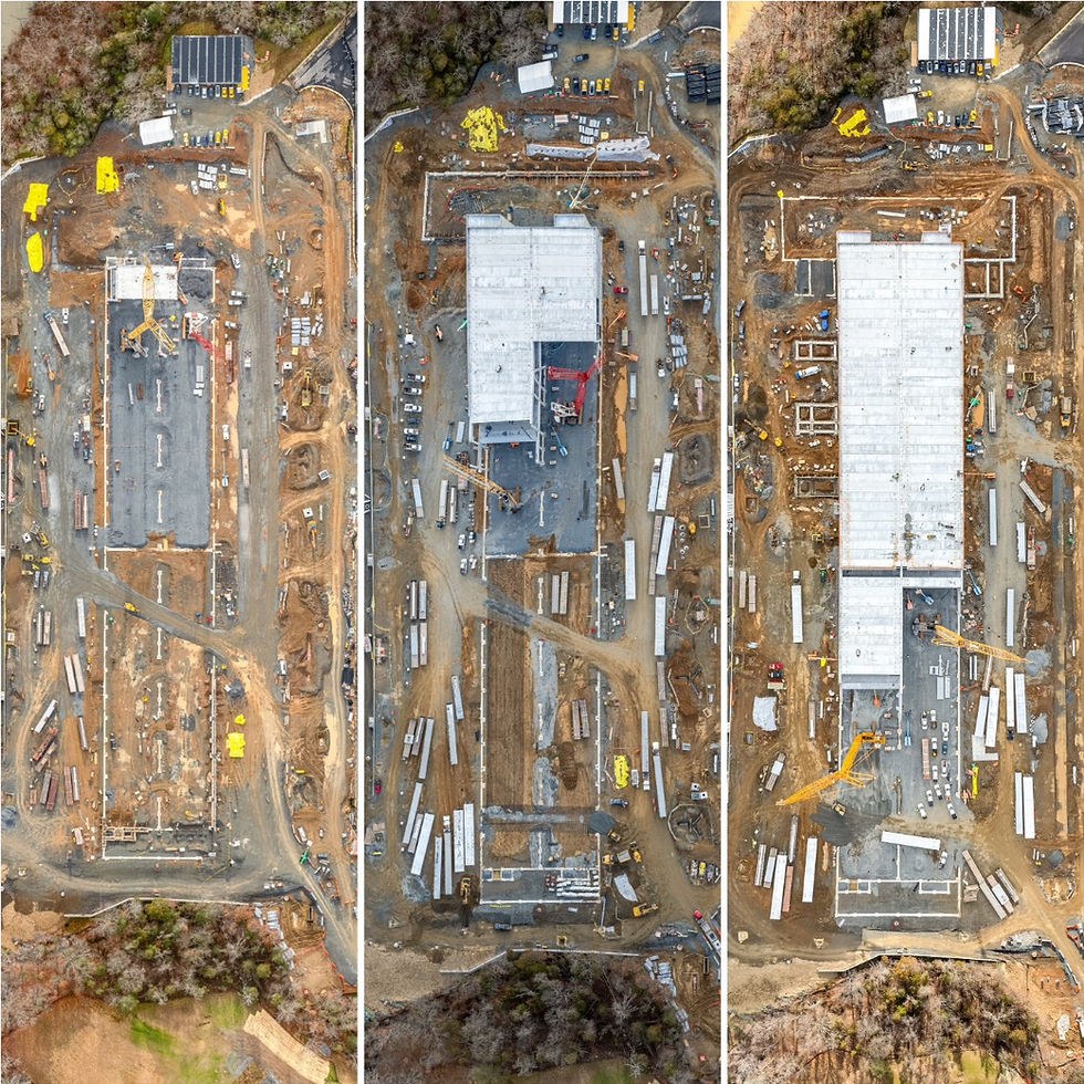 Three overhead aerial views of the same construction site showing progress from early foundation work to a completed roof structure