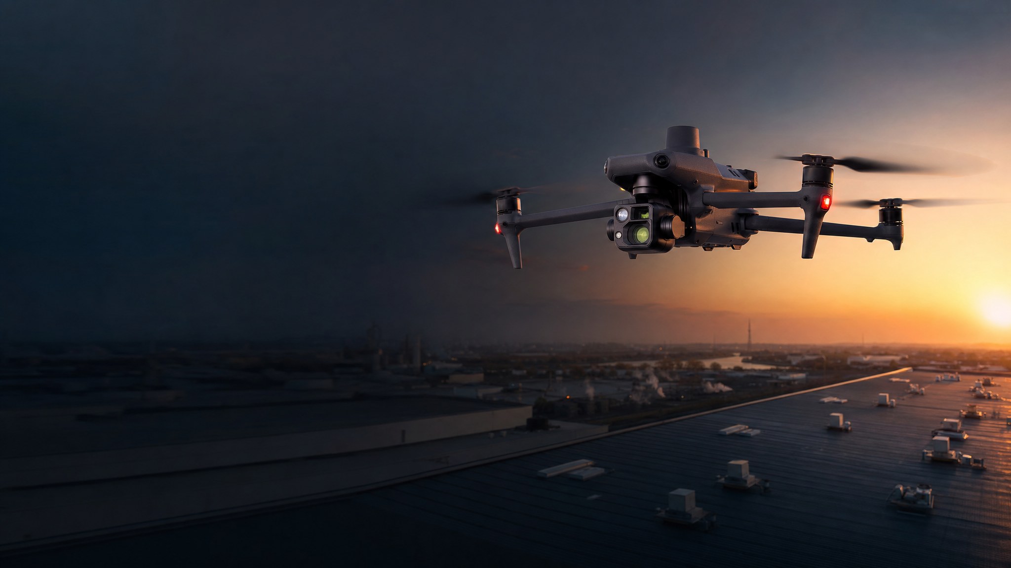 DJI Matrice 4T above an industrial rooftop at sunrise