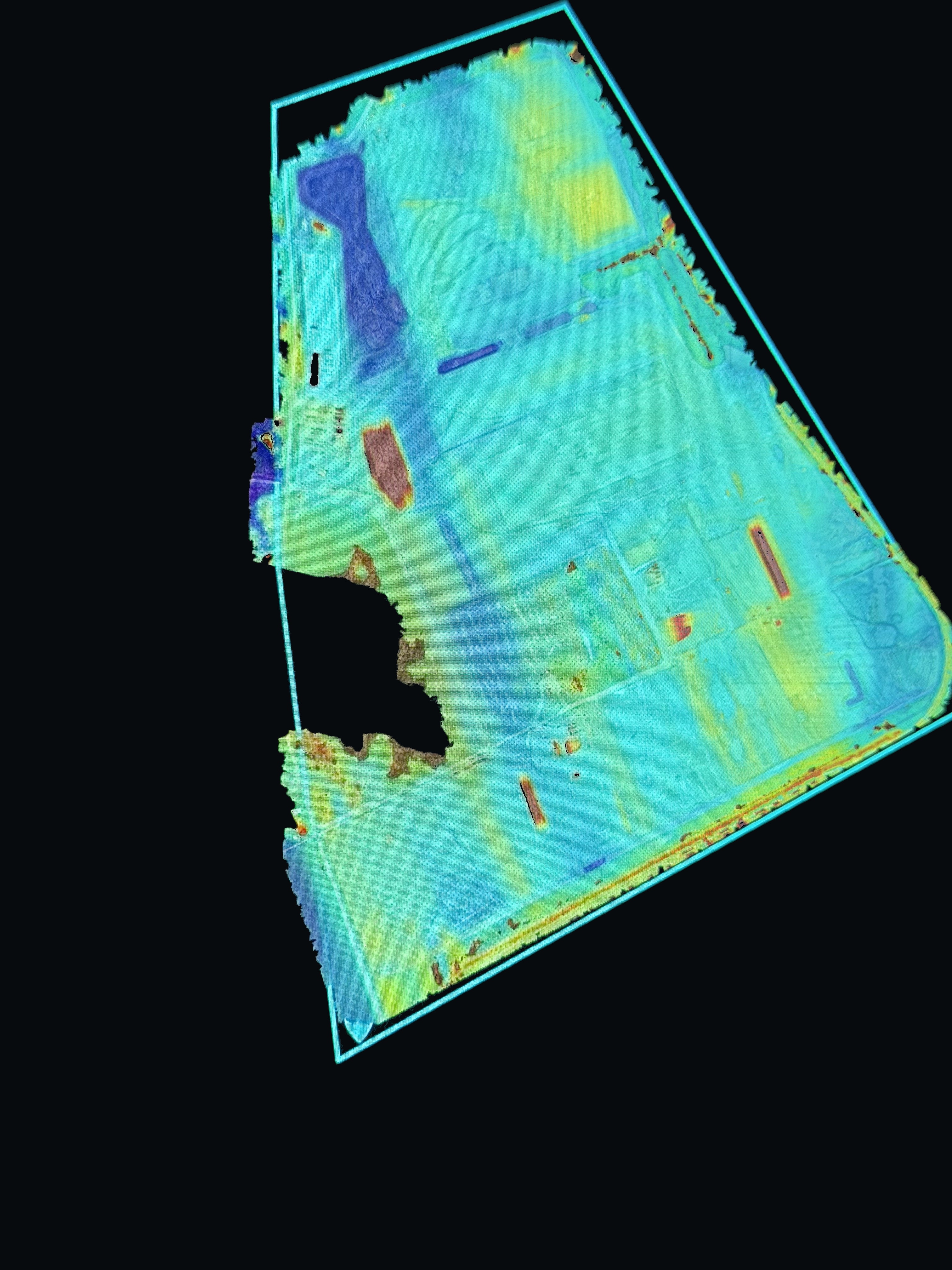 Aerial site analysis showing earthwork areas and material movement