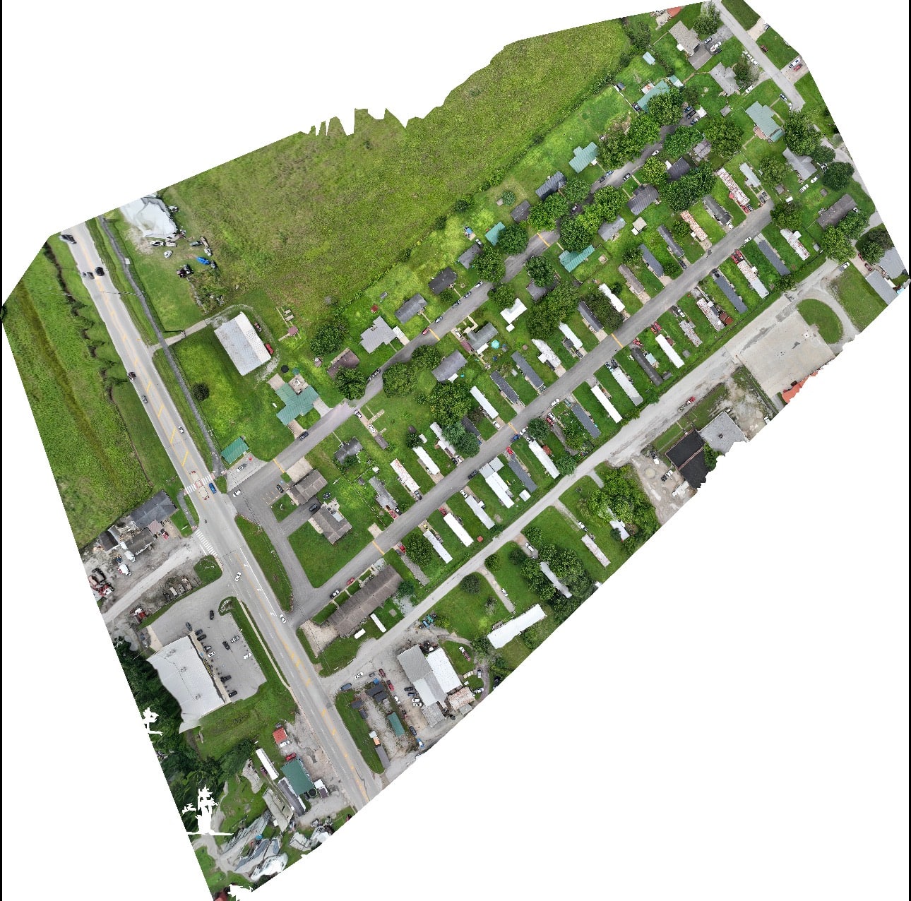 Orthomosaic aerial map showing roads, buildings, and surrounding land