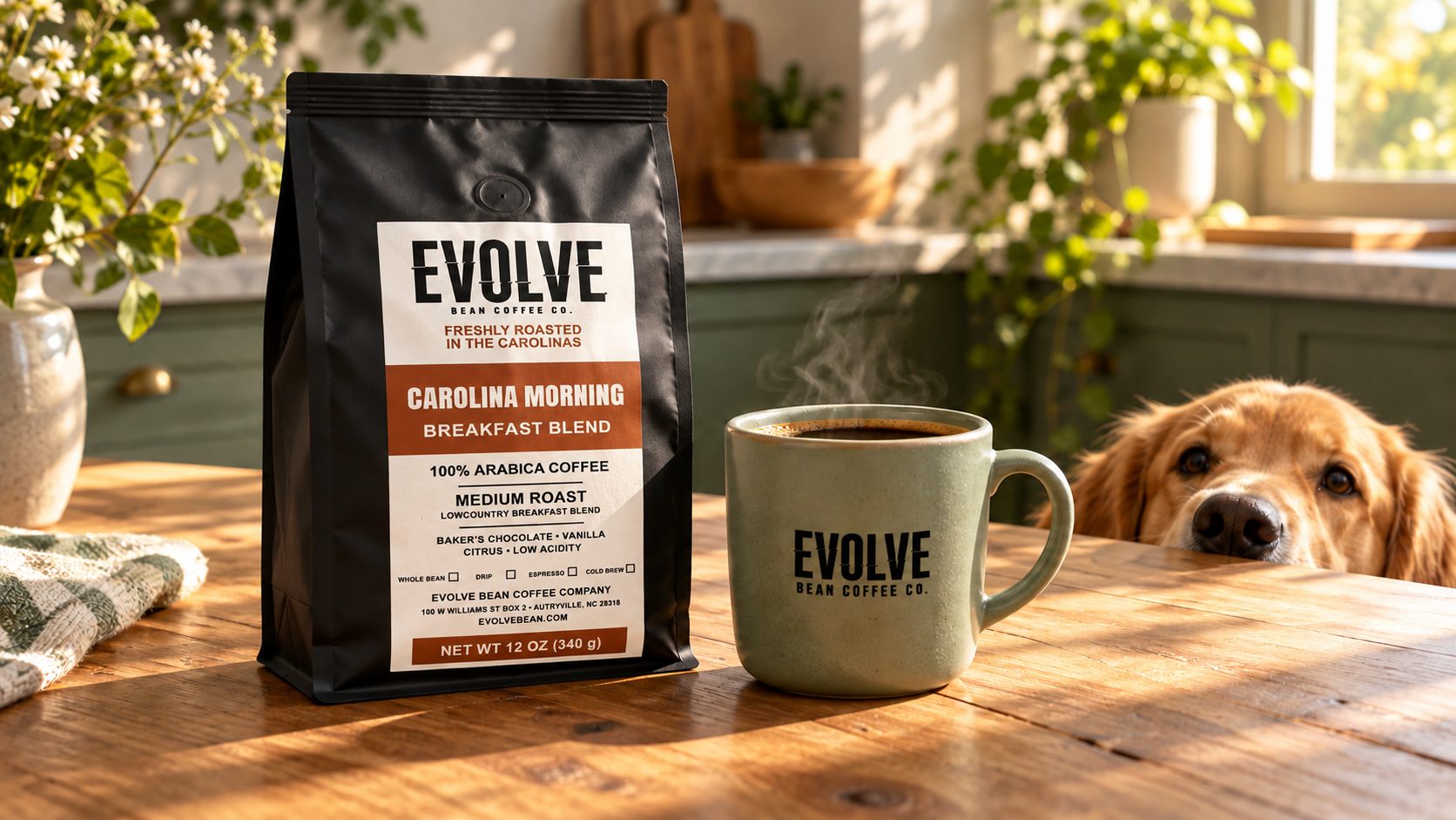 Carolina Morning coffee and a steaming mug on a kitchen table with a golden retriever