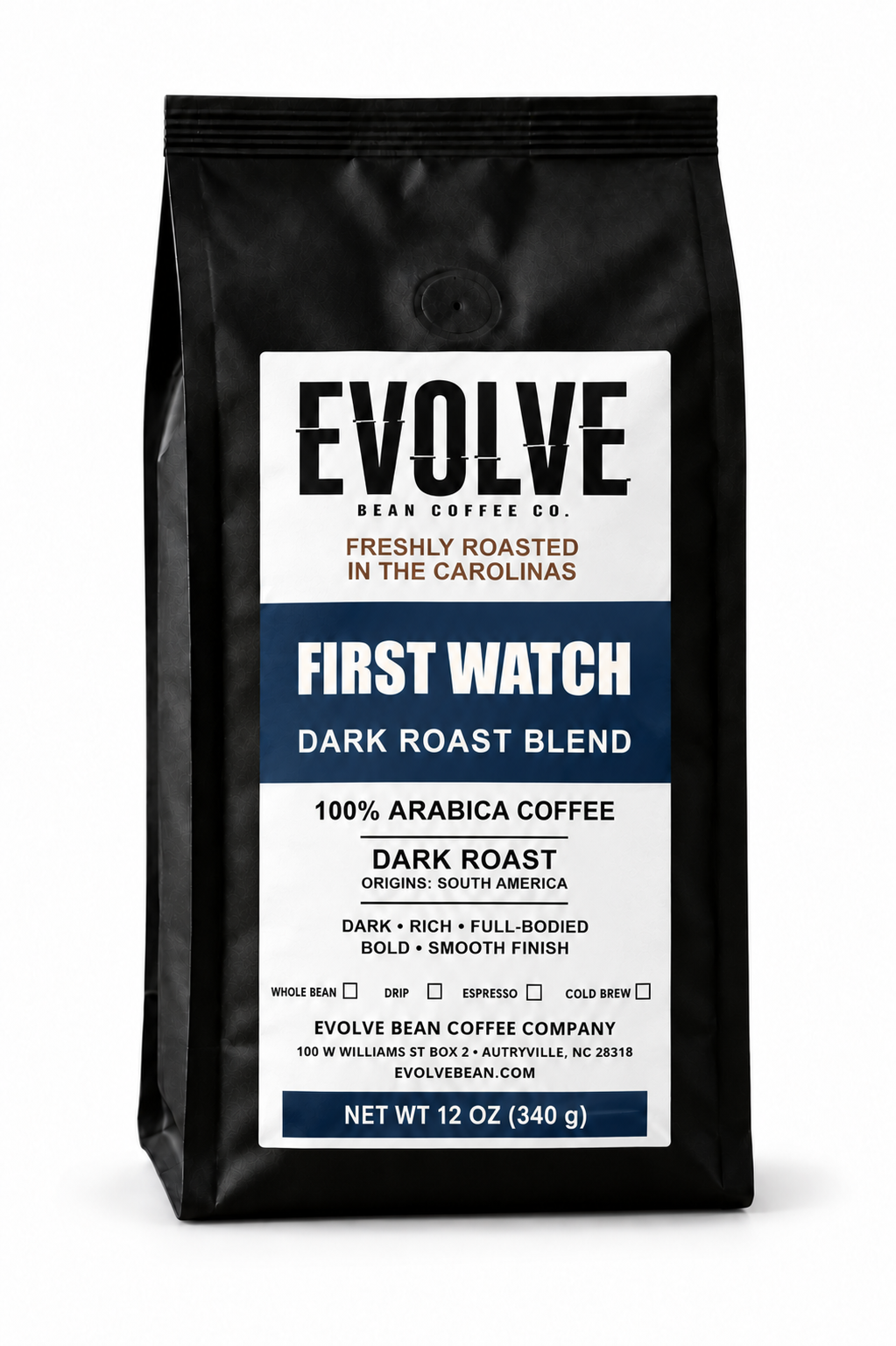 Bag of Evolve Bean First Watch dark roast blend