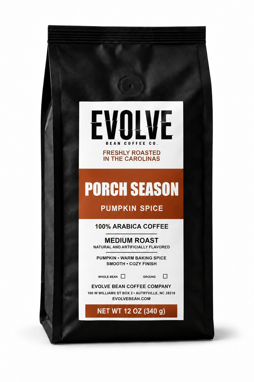 Bag of Evolve Bean Porch Season pumpkin spice coffee