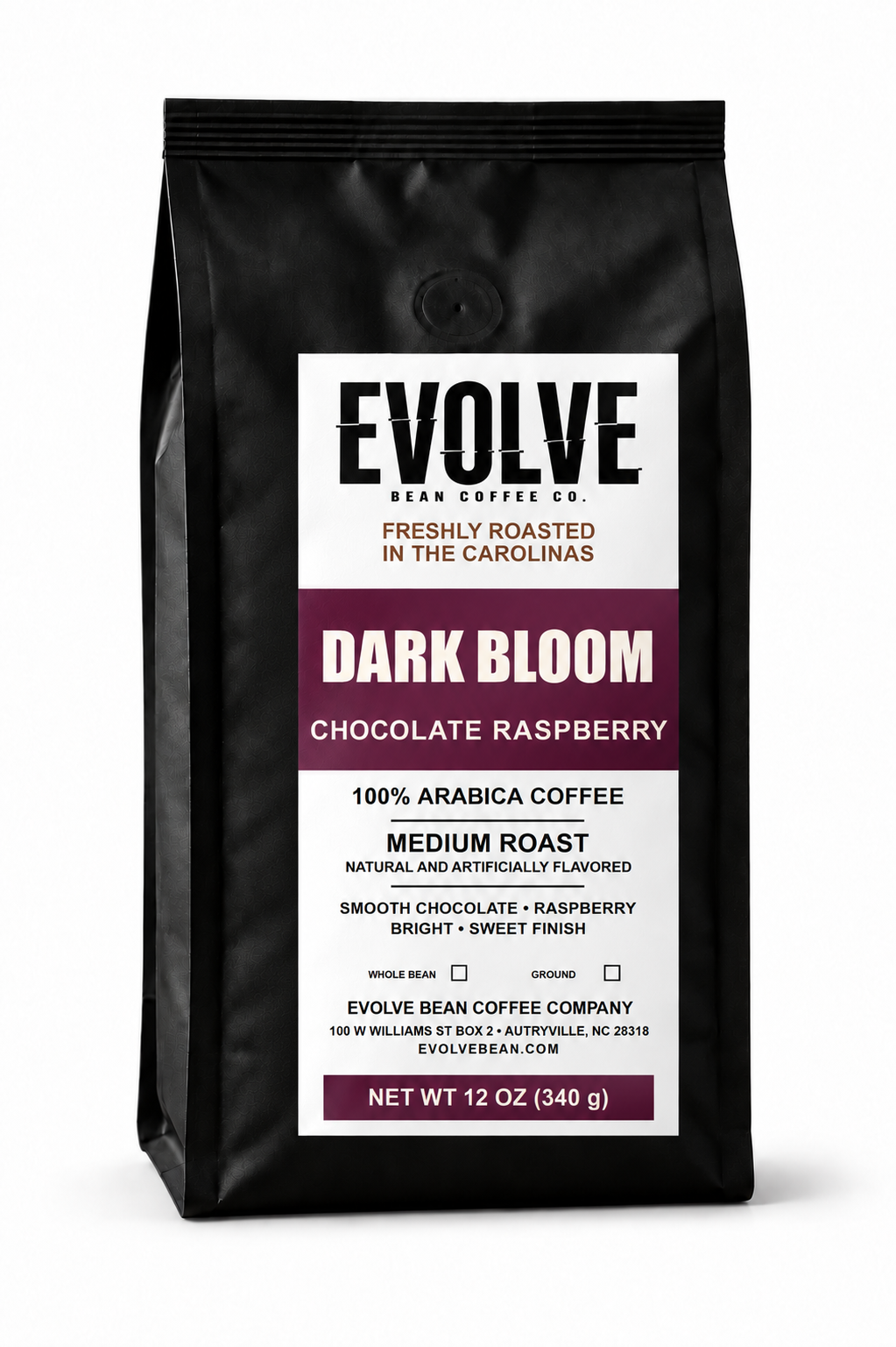 Bag of Evolve Bean Dark Bloom chocolate raspberry coffee