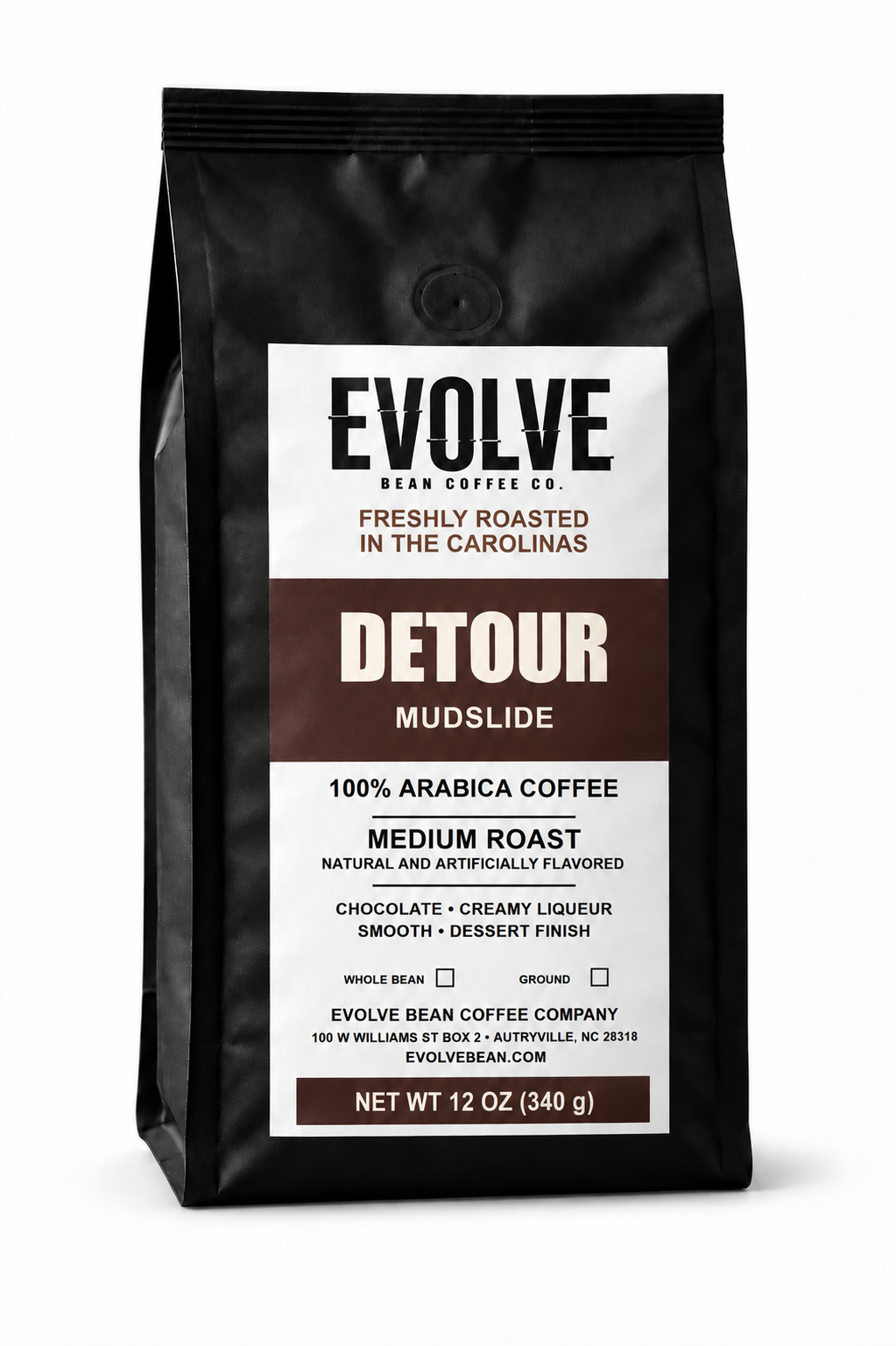 Bag of Evolve Bean Detour mudslide flavored coffee