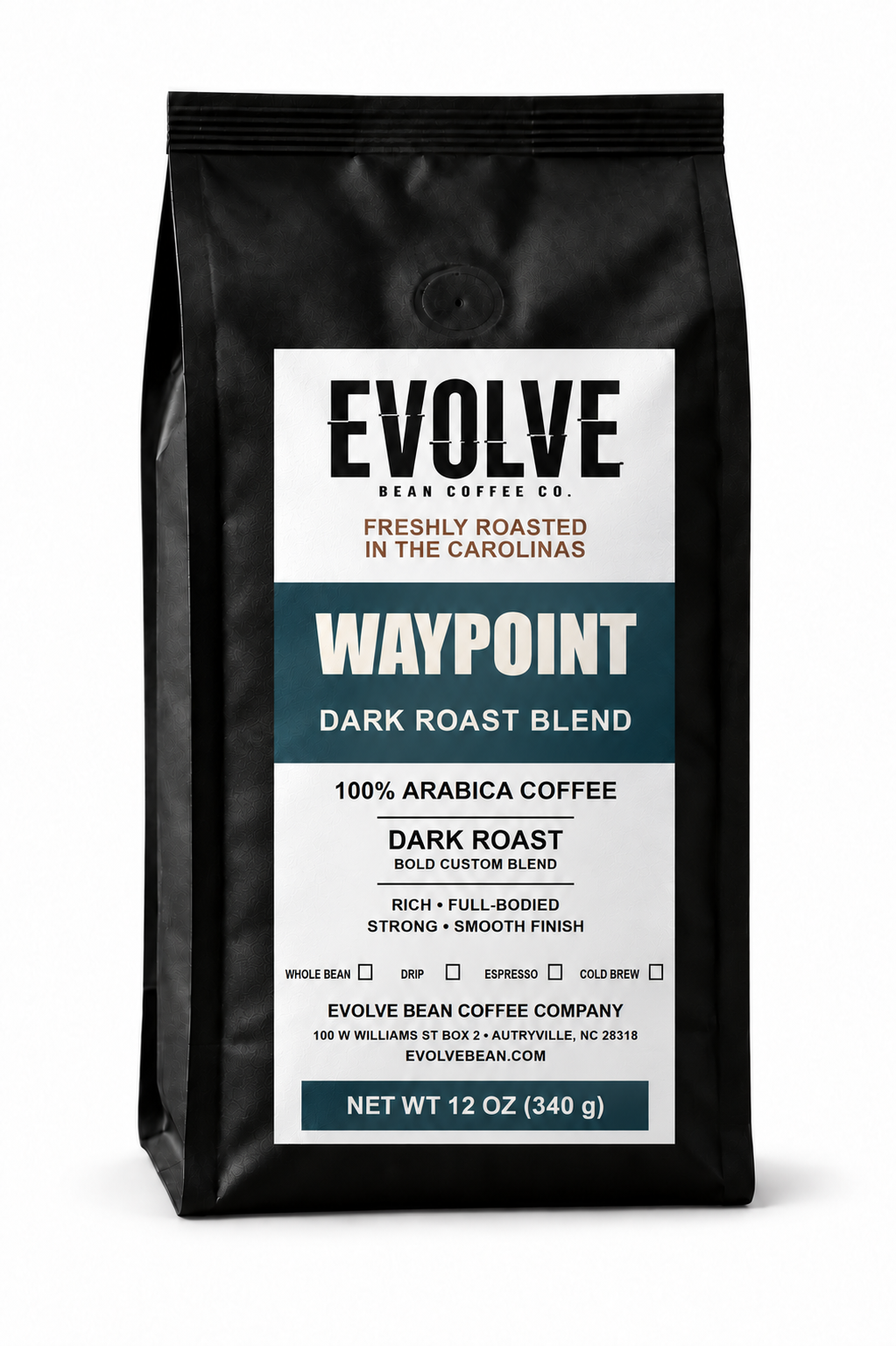 Bag of Evolve Bean Waypoint dark roast blend