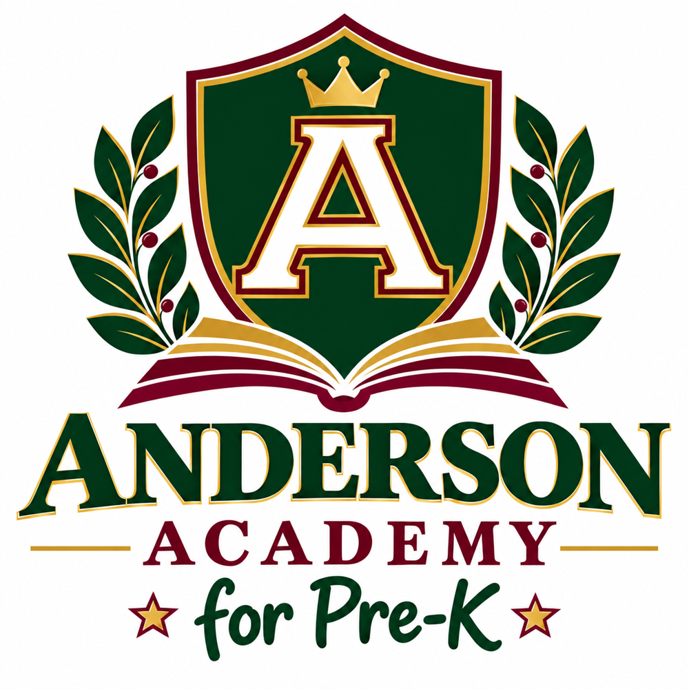 Anderson Academy for Pre-K, with a crowned shield, open book, and laurel branches