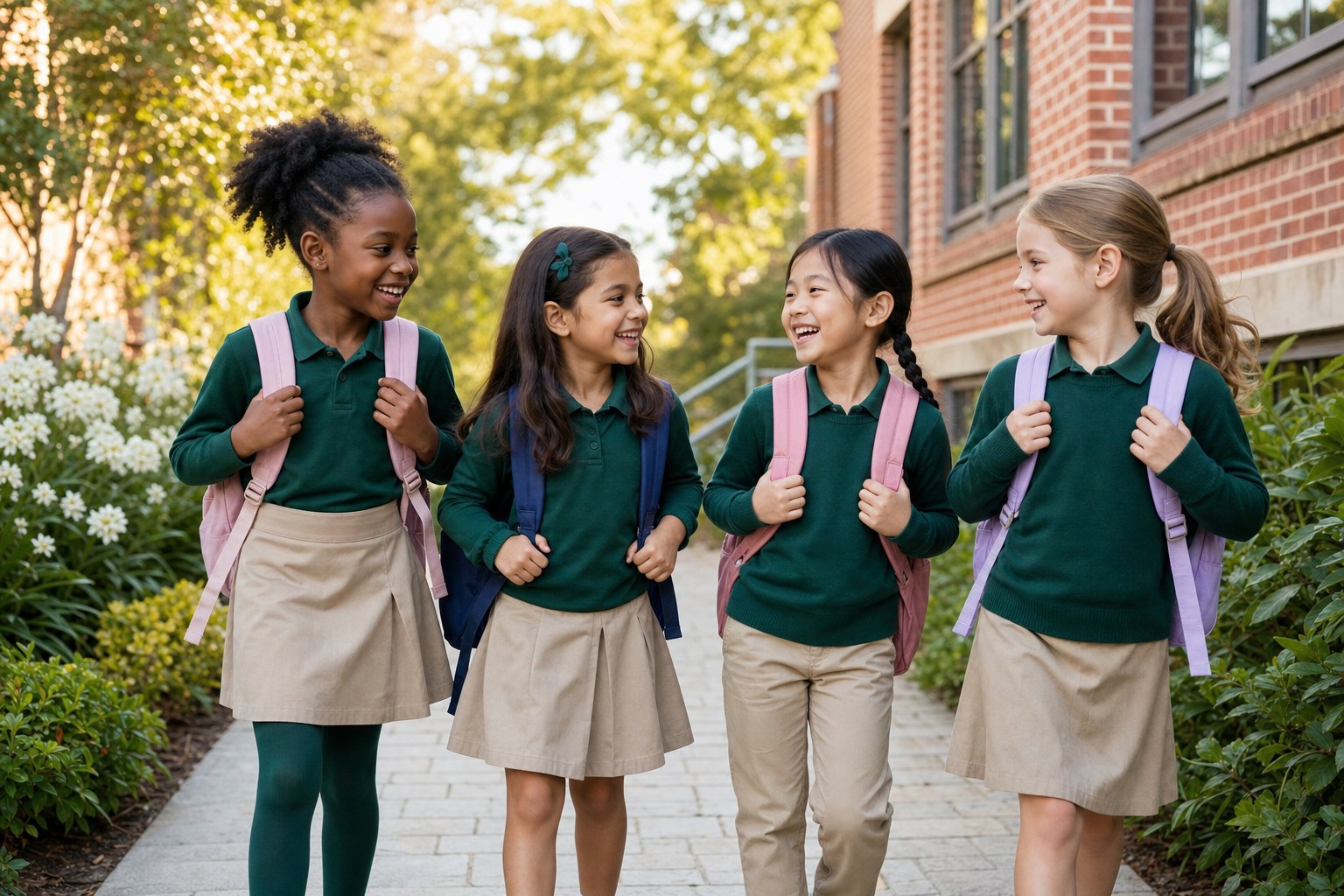 Illustrative scene of diverse elementary-age girls talking outdoors