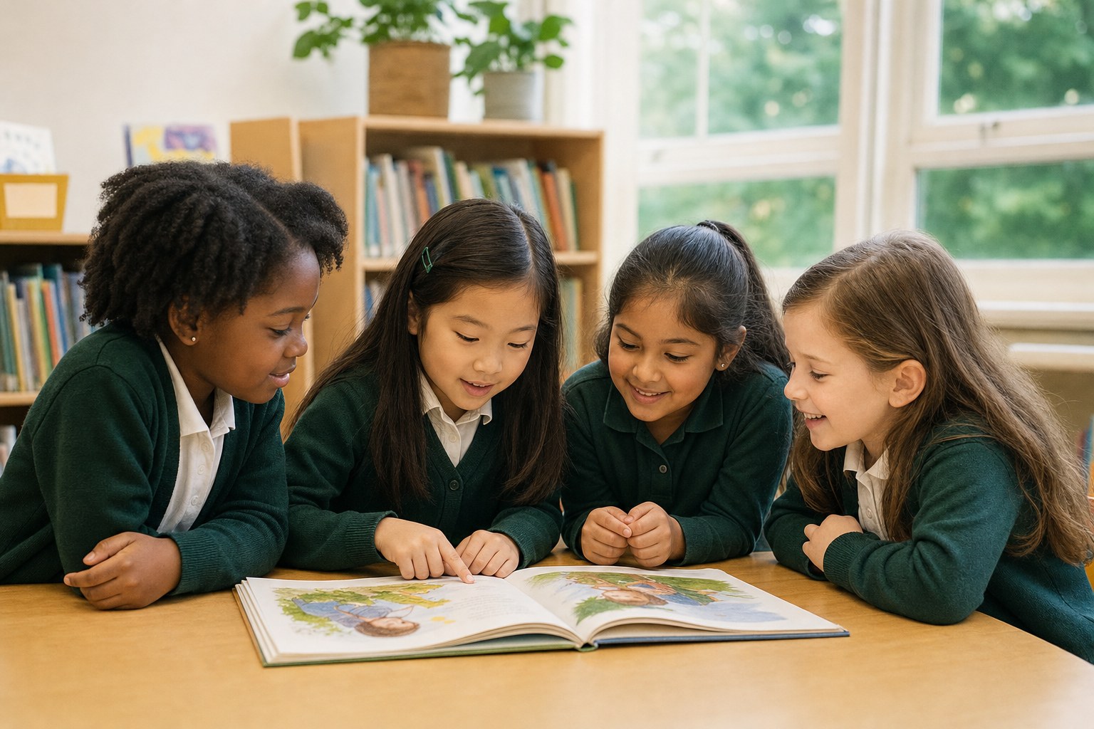 Illustrative scene of racially diverse elementary-age girls reading together