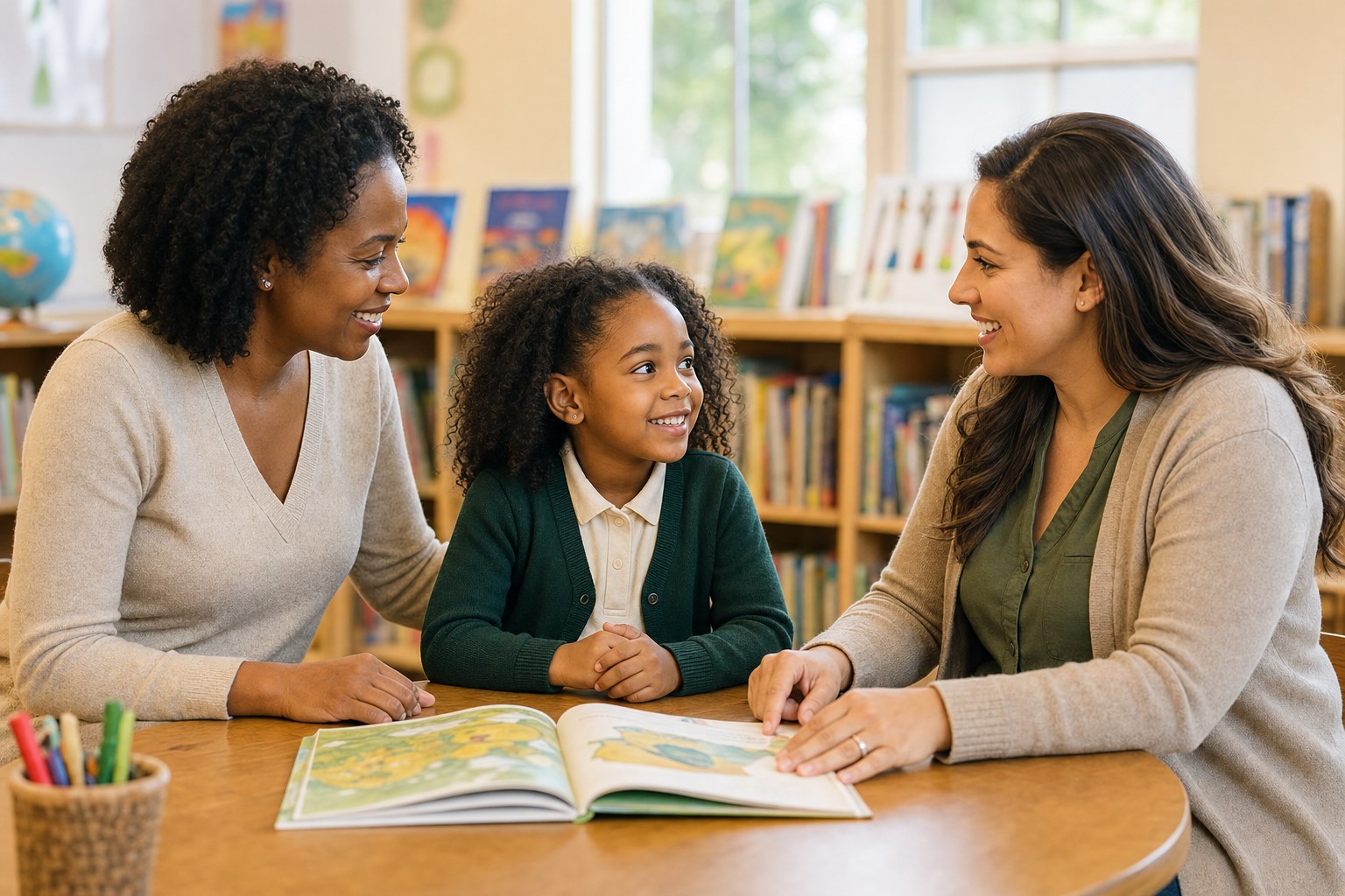 Illustrative school visit with a young girl, her mother, and an educator