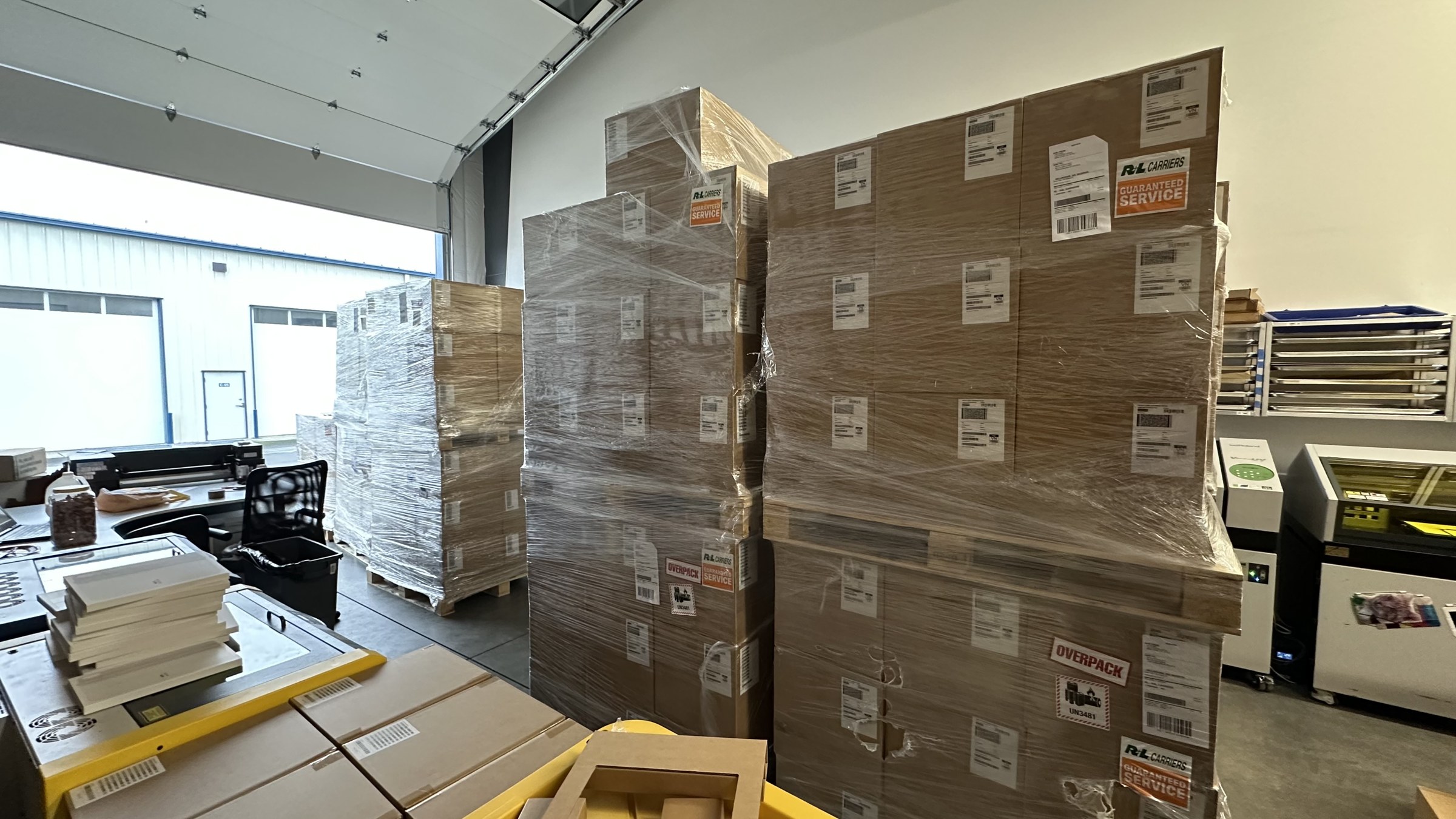 Palletized boxes staged for shipment