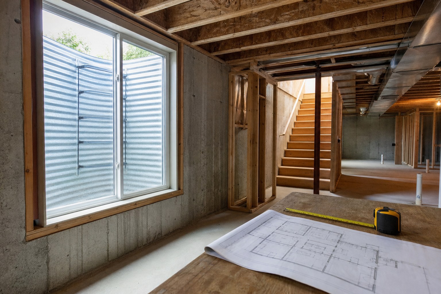 Basement window, window well, stairs, and a floor plan considered during renovation planning